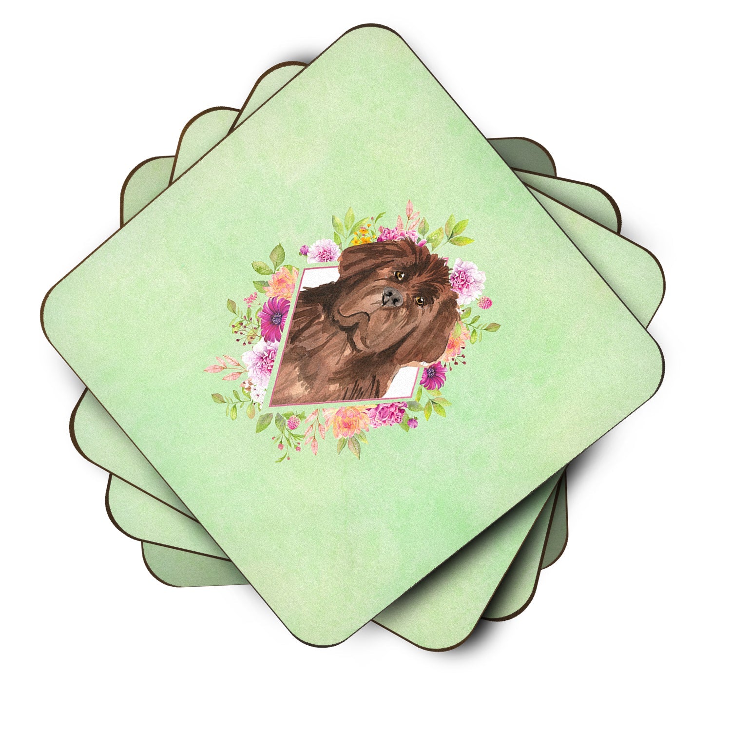 Newfoundland Green Flowers Foam Coasters Set of 4 Cup Coasters for Indoor Outdoor, Tabletop Protection, Anti Slip, Mouse pad Material