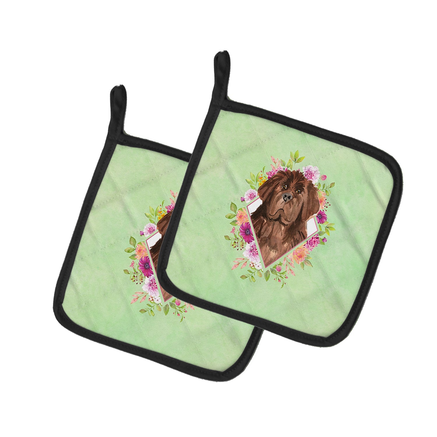 Newfoundland Green Flowers Pot Holder Set of 2 Heat Resistant Quilted Hot Pads 7.5 x 7.5 Inch, Insulated Kitchen Trivets for Cooking & Baking