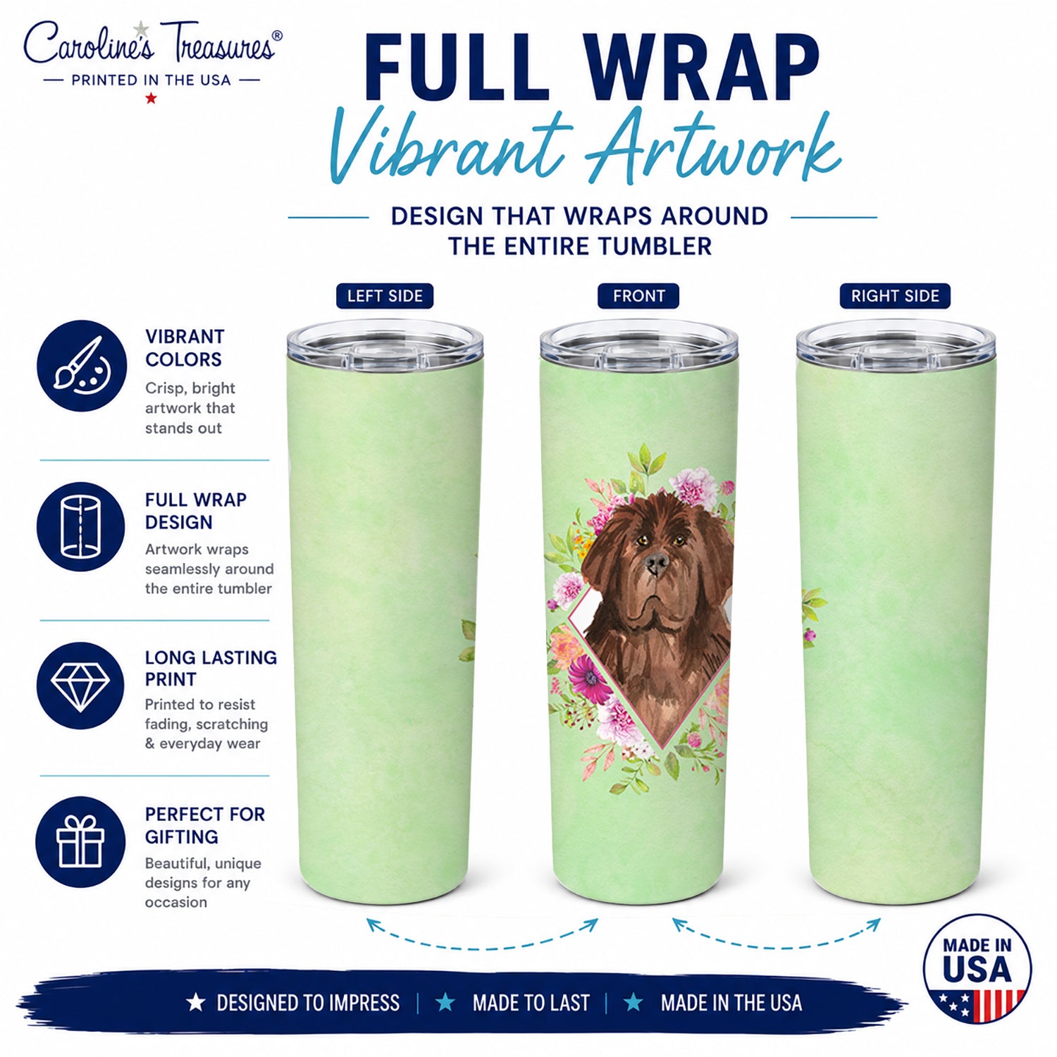Newfoundland Green Flowers Stainless Steel Skinny Tumbler 20 oz Vacuum Double Walled Reusable Insulated Travel Cup