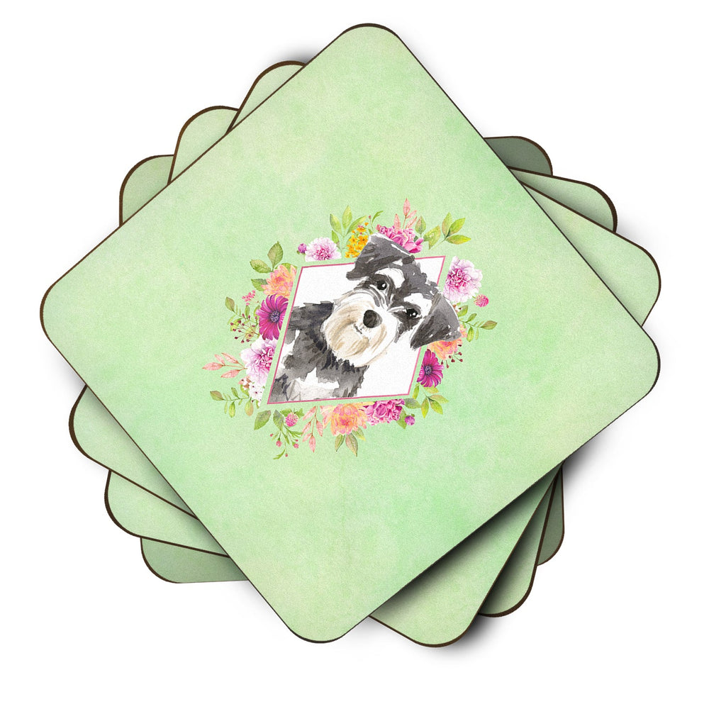 Schnauzer #2 Green Flowers Foam Coasters Set of 4 Cup Coasters for Indoor Outdoor, Tabletop Protection, Anti Slip, Mouse pad Material