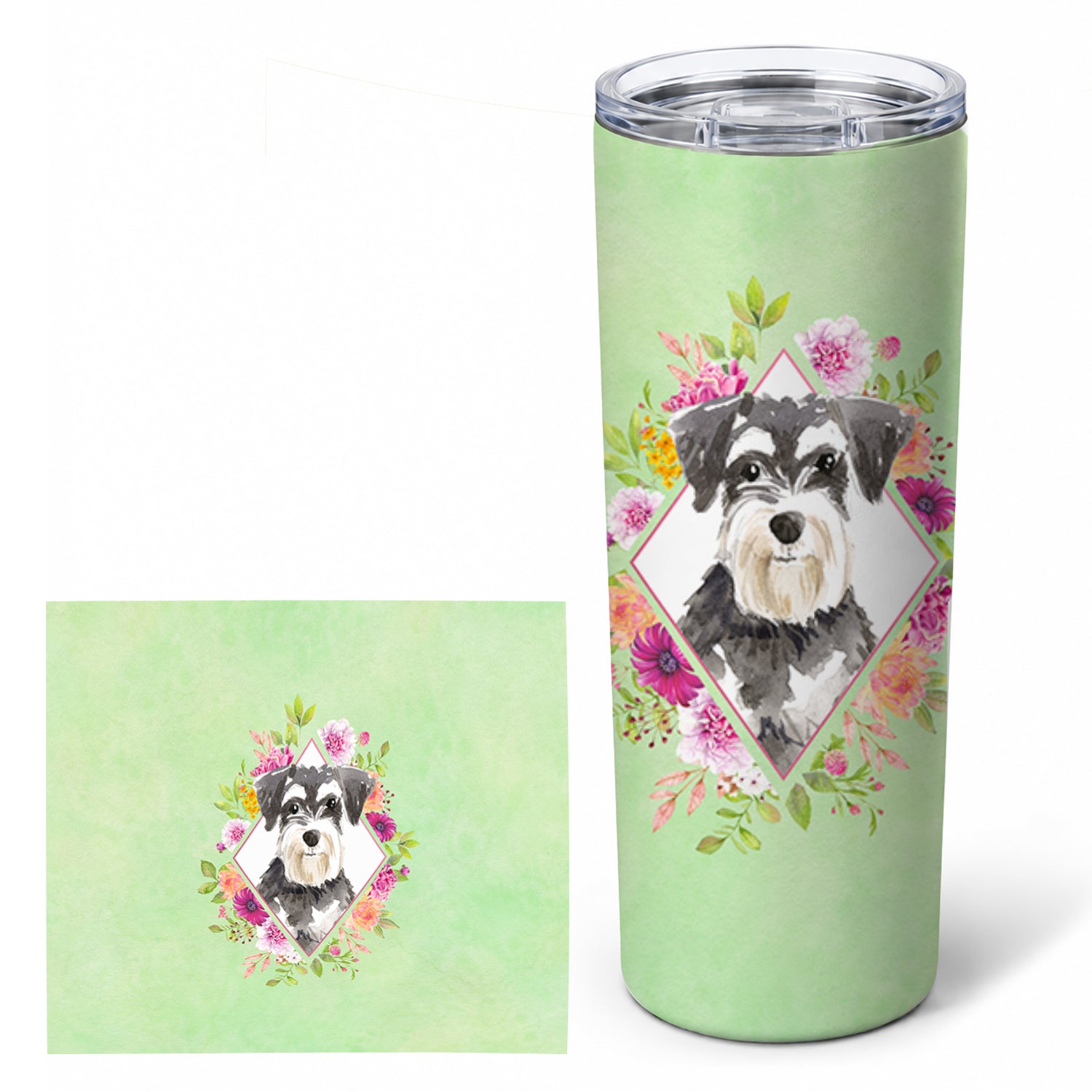 Schnauzer #2 Green Flowers Stainless Steel Skinny Tumbler 20 oz Vacuum Double Walled Reusable Insulated Travel Cup