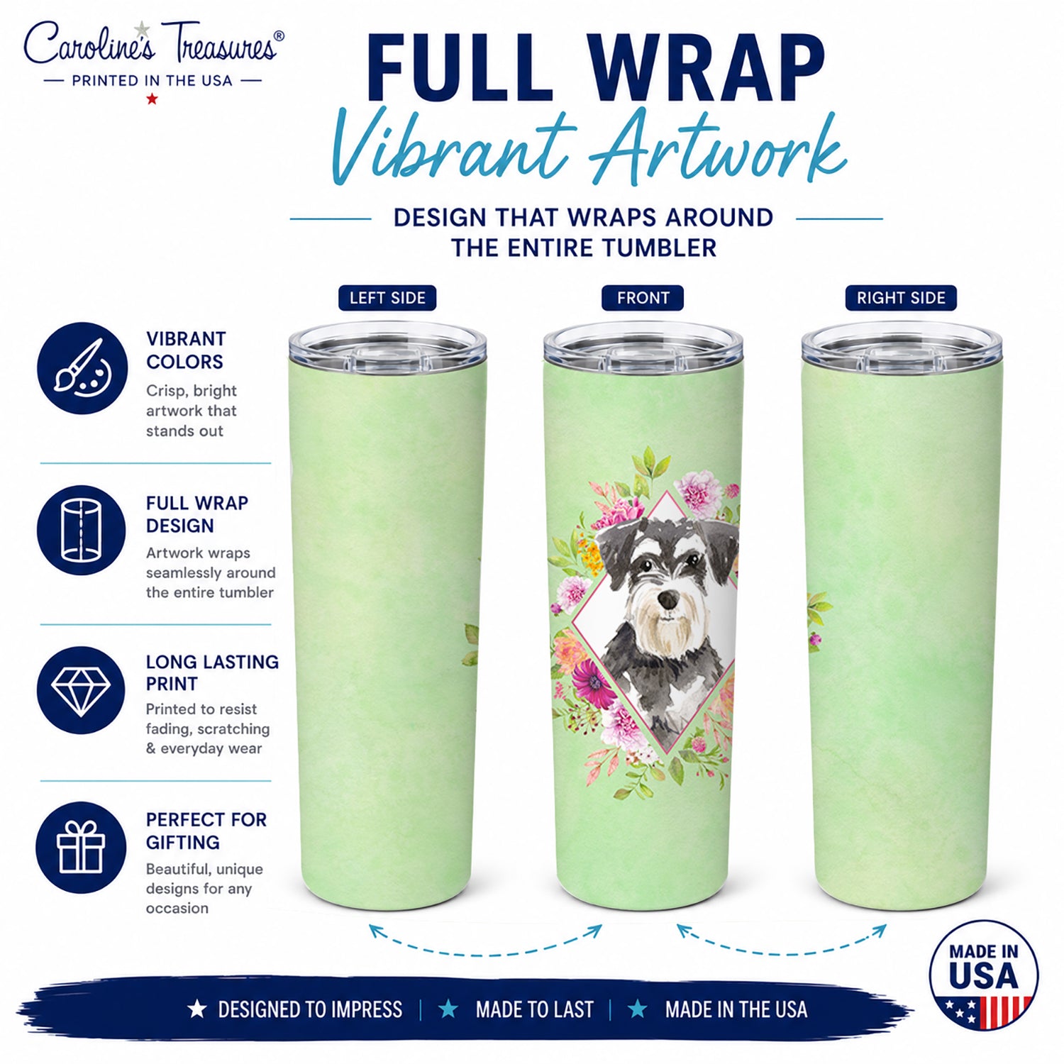 Schnauzer #2 Green Flowers Stainless Steel Skinny Tumbler 20 oz Vacuum Double Walled Reusable Insulated Travel Cup