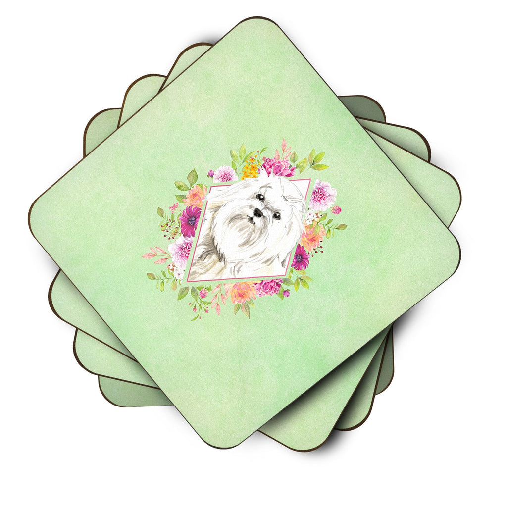 Maltese Green Flowers Foam Coasters Set of 4 Cup Coasters for Indoor Outdoor, Tabletop Protection, Anti Slip, Mouse pad Material
