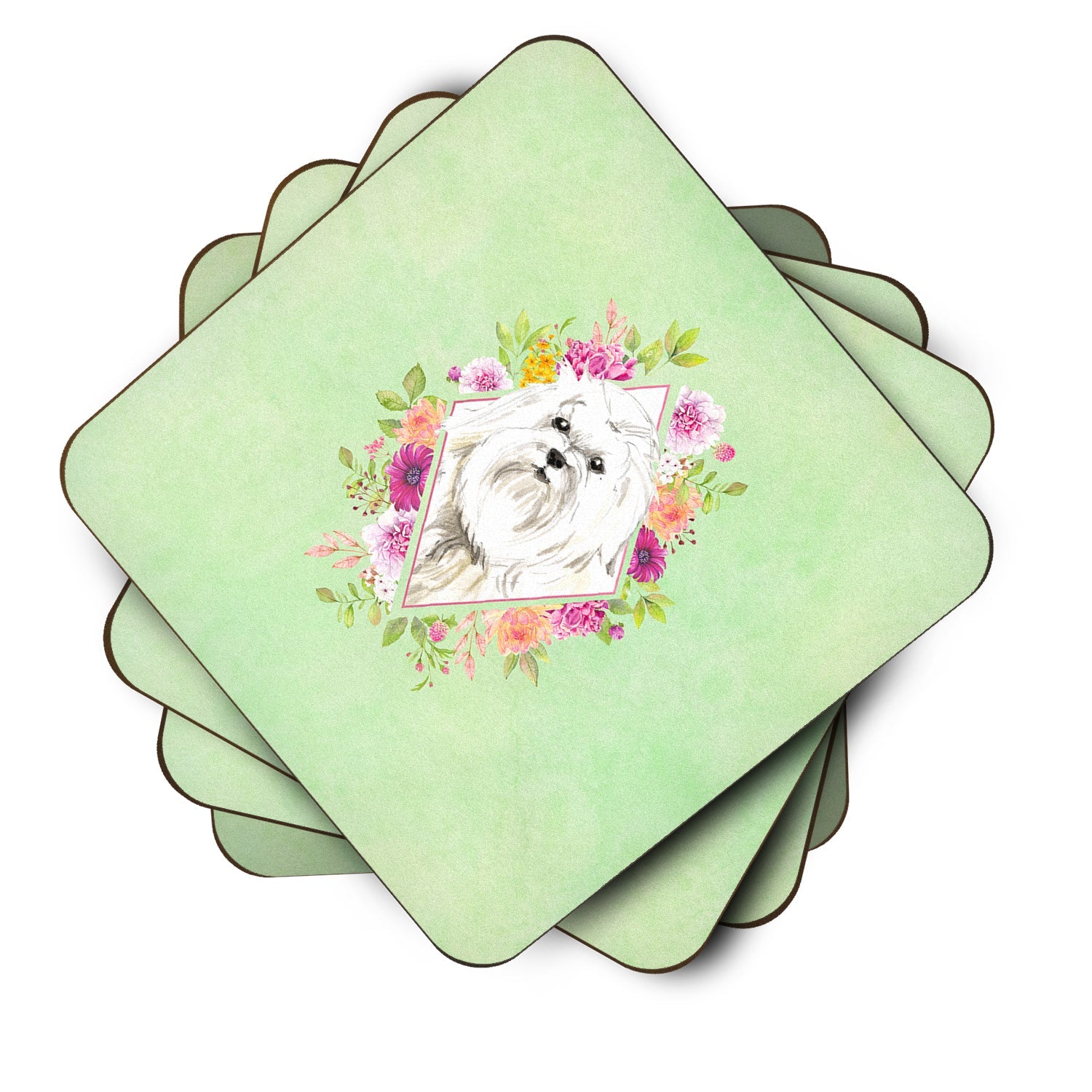 Maltese Green Flowers Foam Coasters Set of 4 Cup Coasters for Indoor Outdoor, Tabletop Protection, Anti Slip, Mouse pad Material