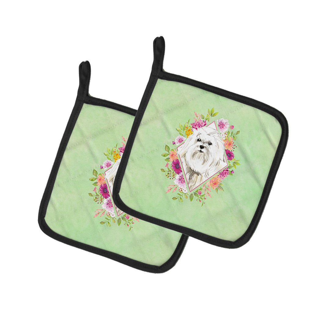 Maltese Green Flowers Pot Holder Set of 2 Heat Resistant Quilted Hot Pads 7.5 x 7.5 Inch, Insulated Kitchen Trivets for Cooking & Baking