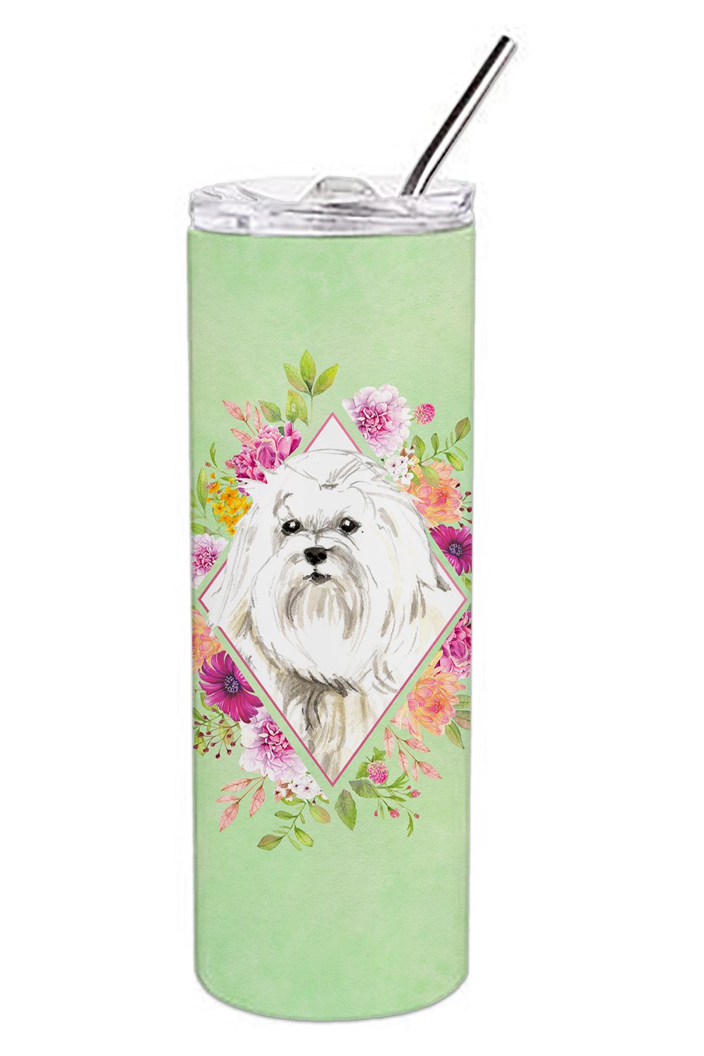 Maltese Green Flowers Stainless Steel Skinny Tumbler 20 oz Vacuum Double Walled Reusable Insulated Travel Cup