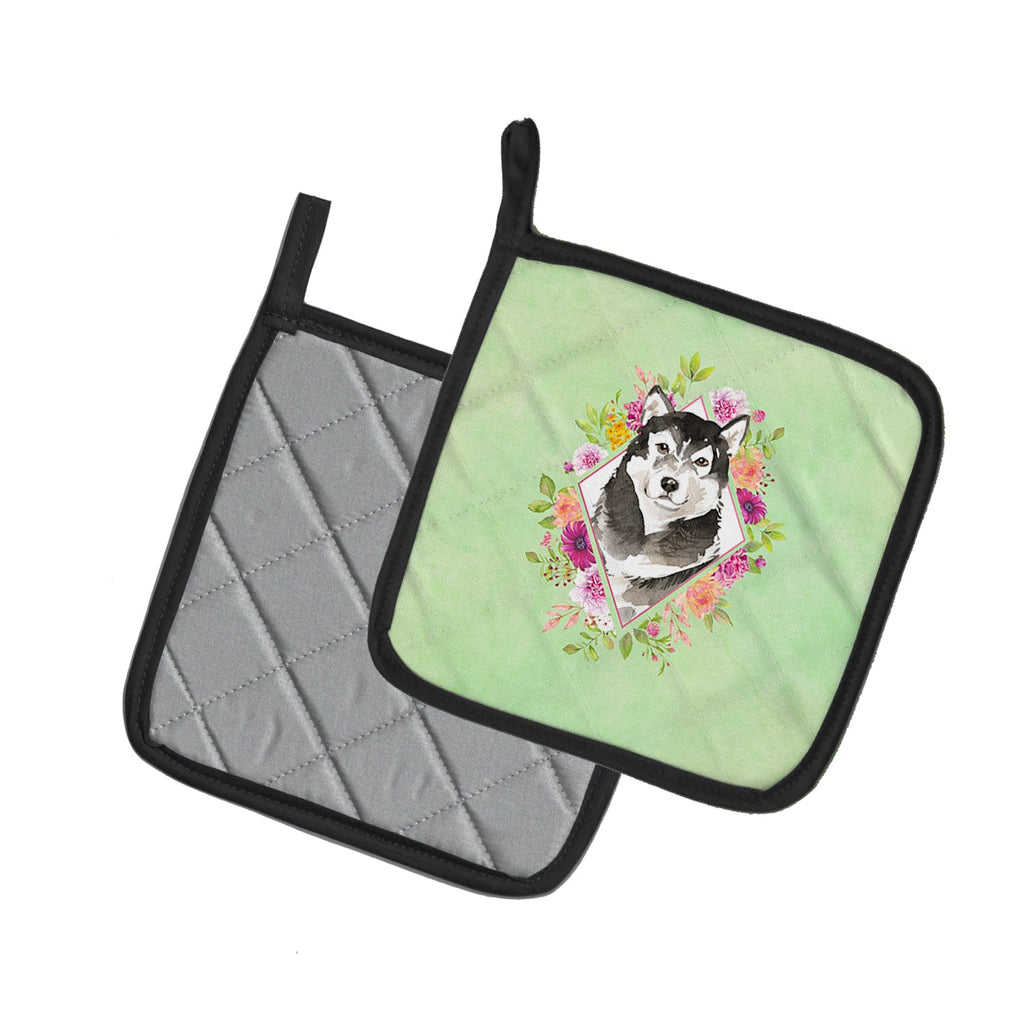 Alaskan Malamute Green Flowers Pot Holder Set of 2 Heat Resistant Quilted Hot Pads 7.5 x 7.5 Inch, Insulated Kitchen Trivets for Cooking & Baking