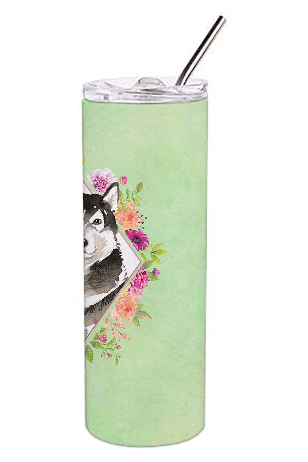 Alaskan Malamute Green Flowers Stainless Steel Skinny Tumbler 20 oz Vacuum Double Walled Reusable Insulated Travel Cup