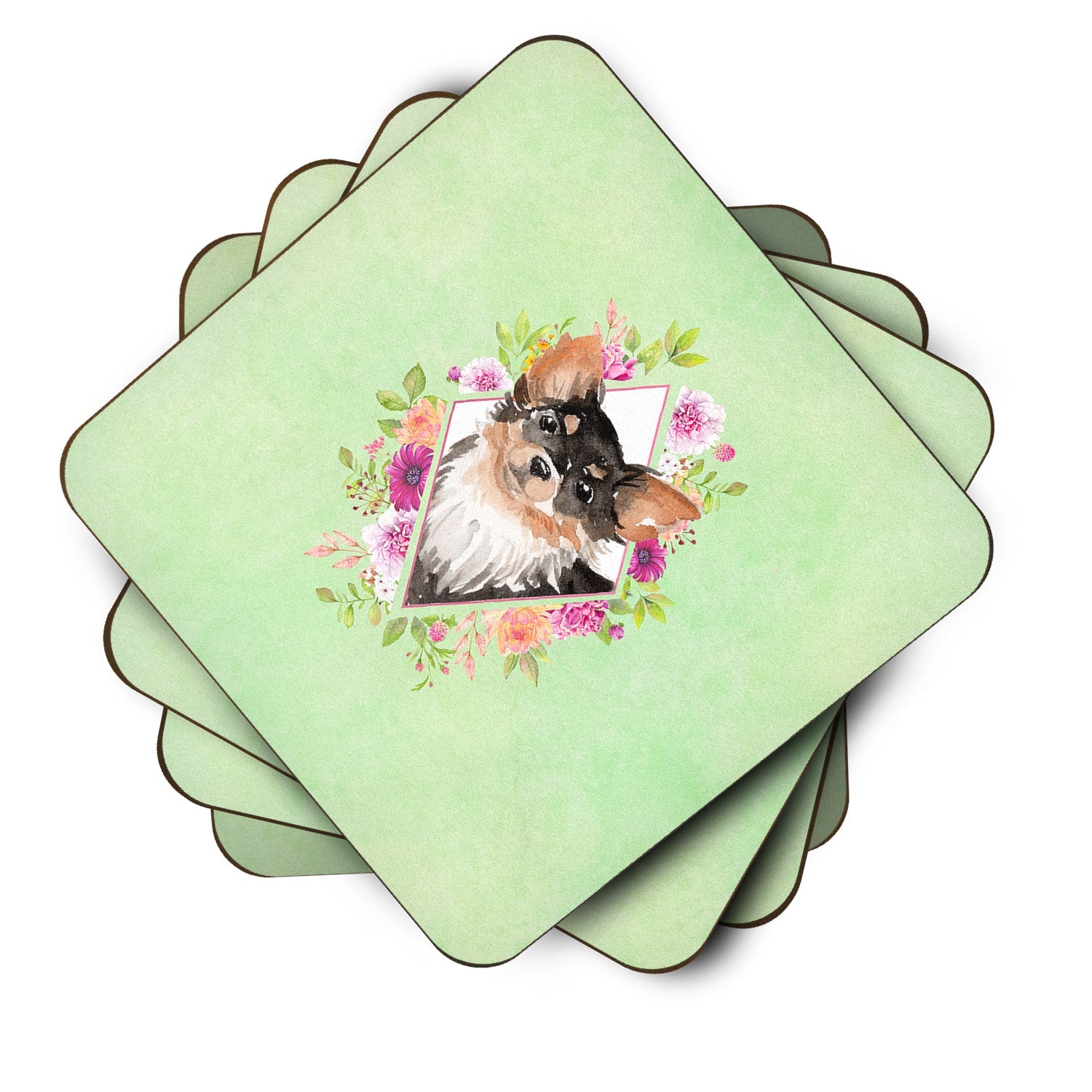 Longhaired Chihuahua Green Flowers Foam Coasters Set of 4 Cup Coasters for Indoor Outdoor, Tabletop Protection, Anti Slip, Mouse pad Material