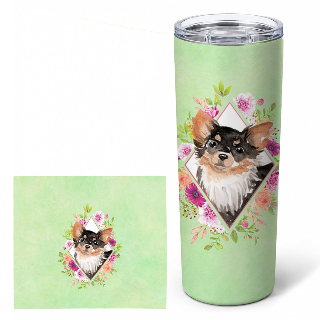 Longhaired Chihuahua Green Flowers Stainless Steel Skinny Tumbler 20 oz Vacuum Double Walled Reusable Insulated Travel Cup