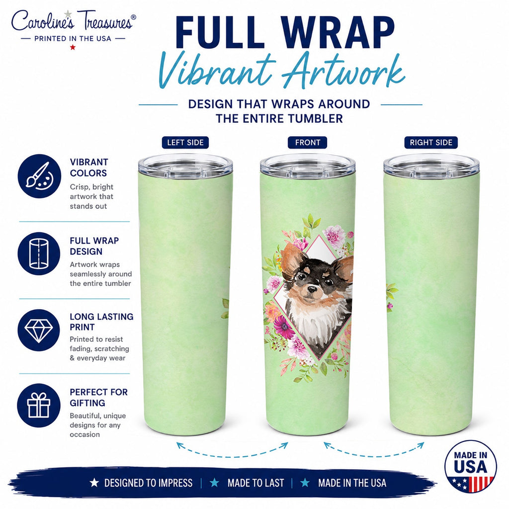 Longhaired Chihuahua Green Flowers Stainless Steel Skinny Tumbler 20 oz Vacuum Double Walled Reusable Insulated Travel Cup