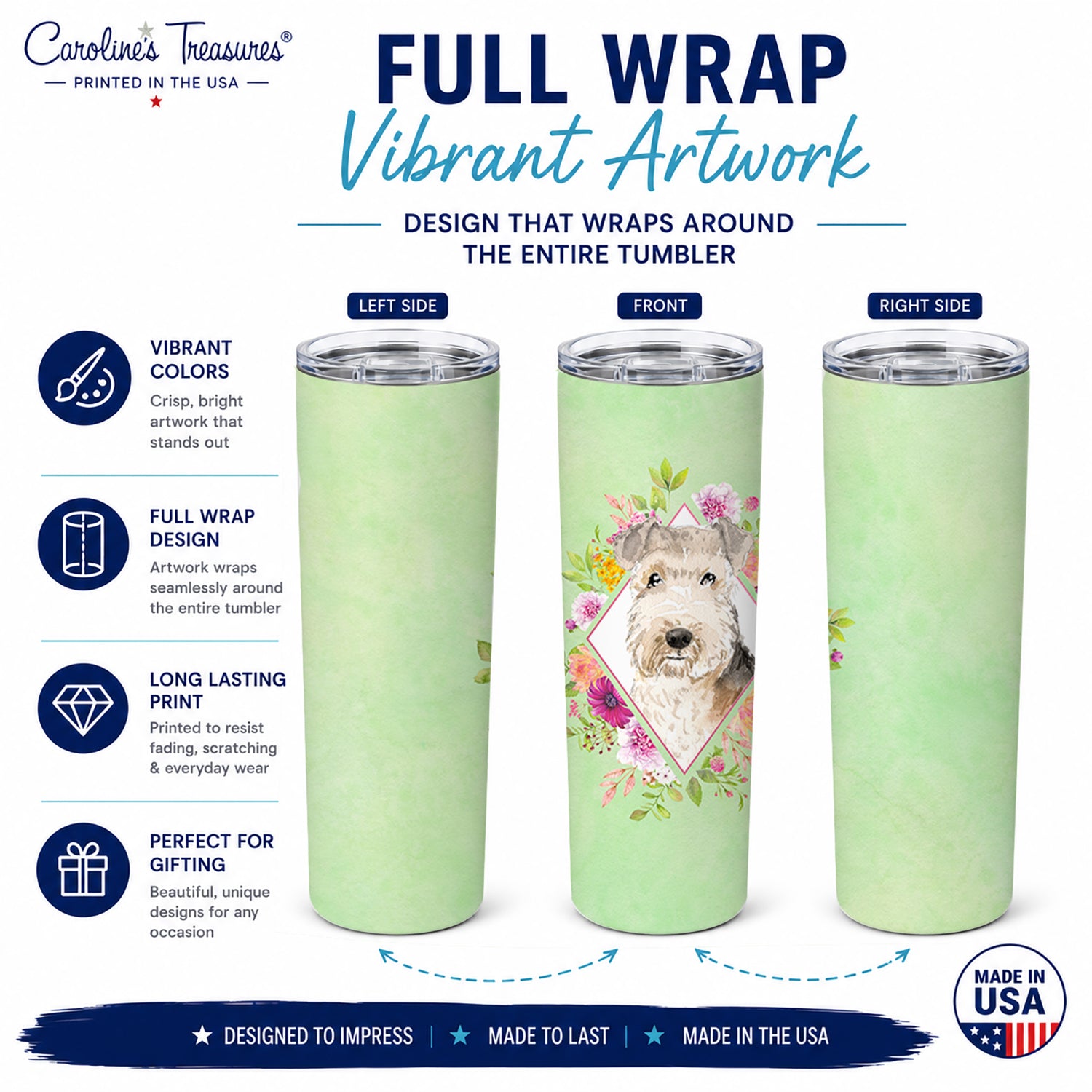 Lakeland Terrier Green Flowers Stainless Steel Skinny Tumbler 20 oz Vacuum Double Walled Reusable Insulated Travel Cup
