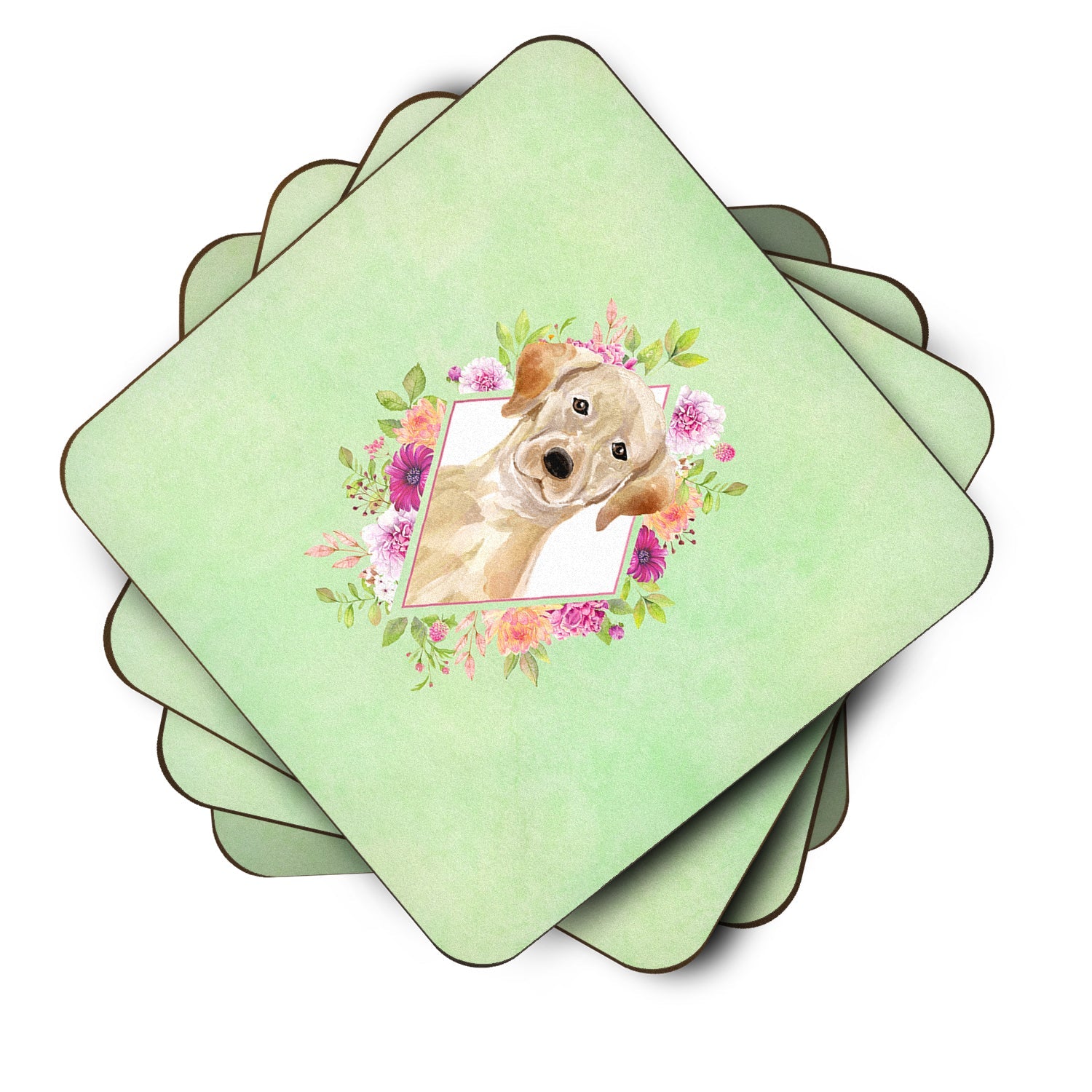 Yellow Lab Green Flowers Foam Coasters Set of 4 Cup Coasters for Indoor Outdoor, Tabletop Protection, Anti Slip, Mouse pad Material