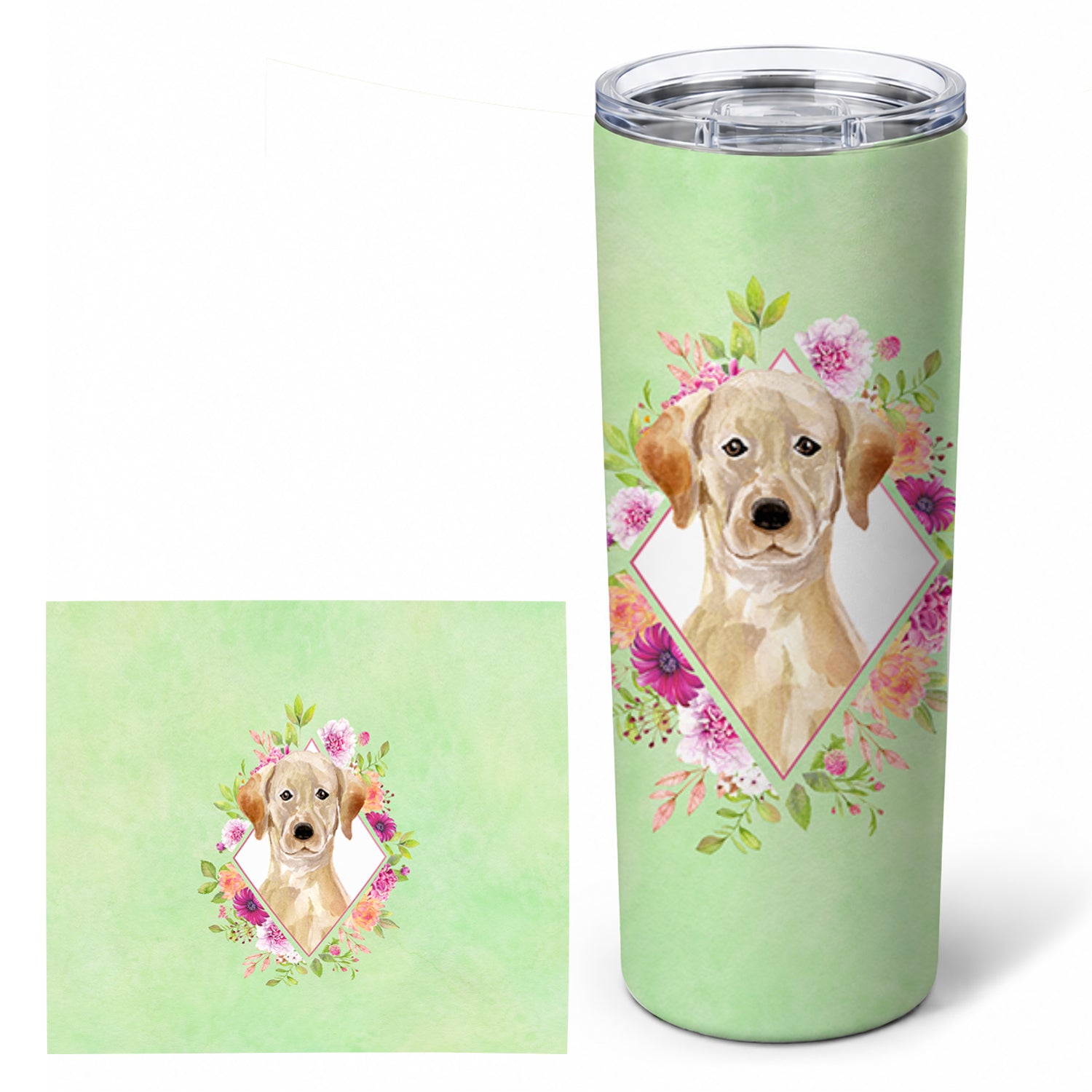 Yellow Lab Green Flowers Stainless Steel Skinny Tumbler 20 oz Vacuum Double Walled Reusable Insulated Travel Cup