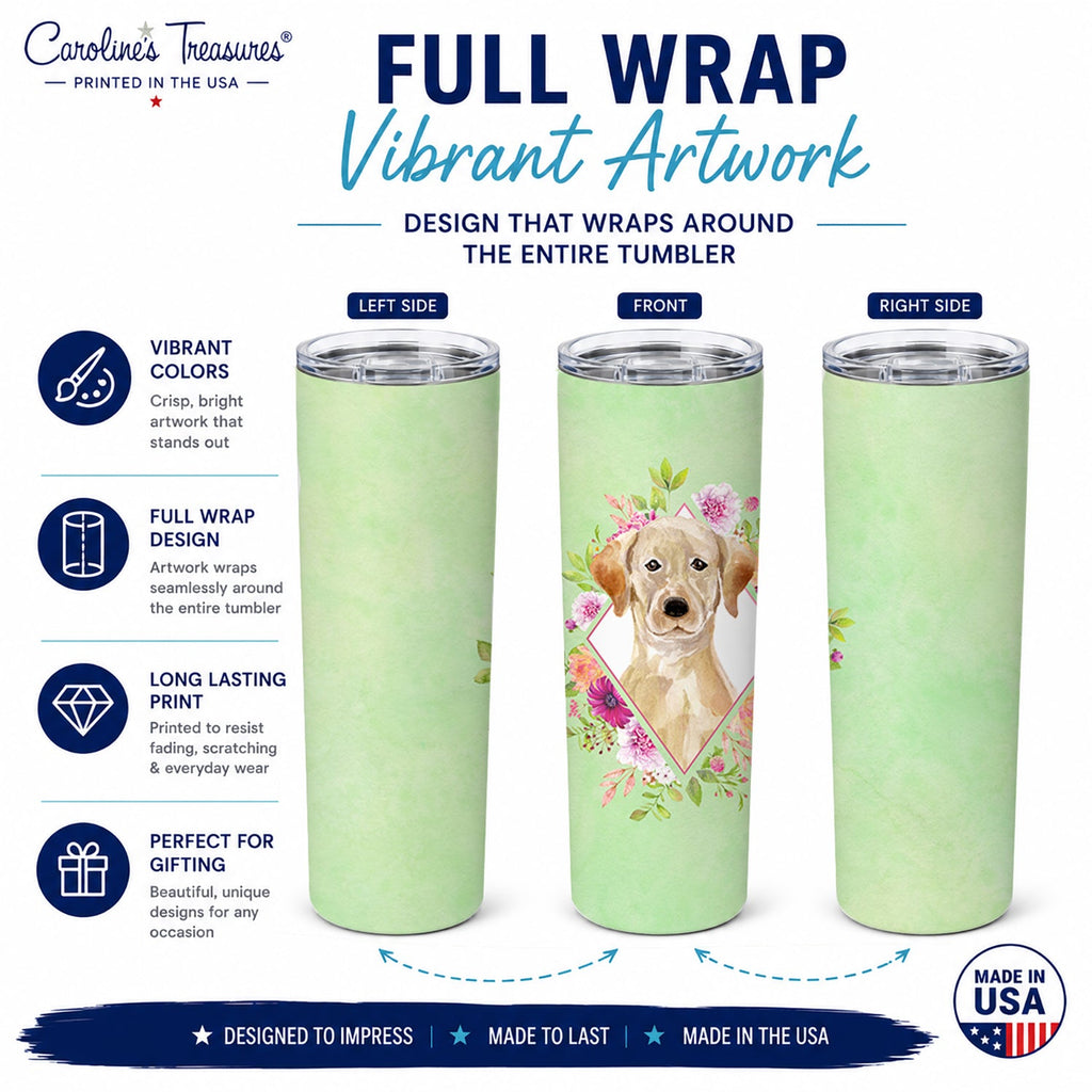 Yellow Lab Green Flowers Stainless Steel Skinny Tumbler 20 oz Vacuum Double Walled Reusable Insulated Travel Cup