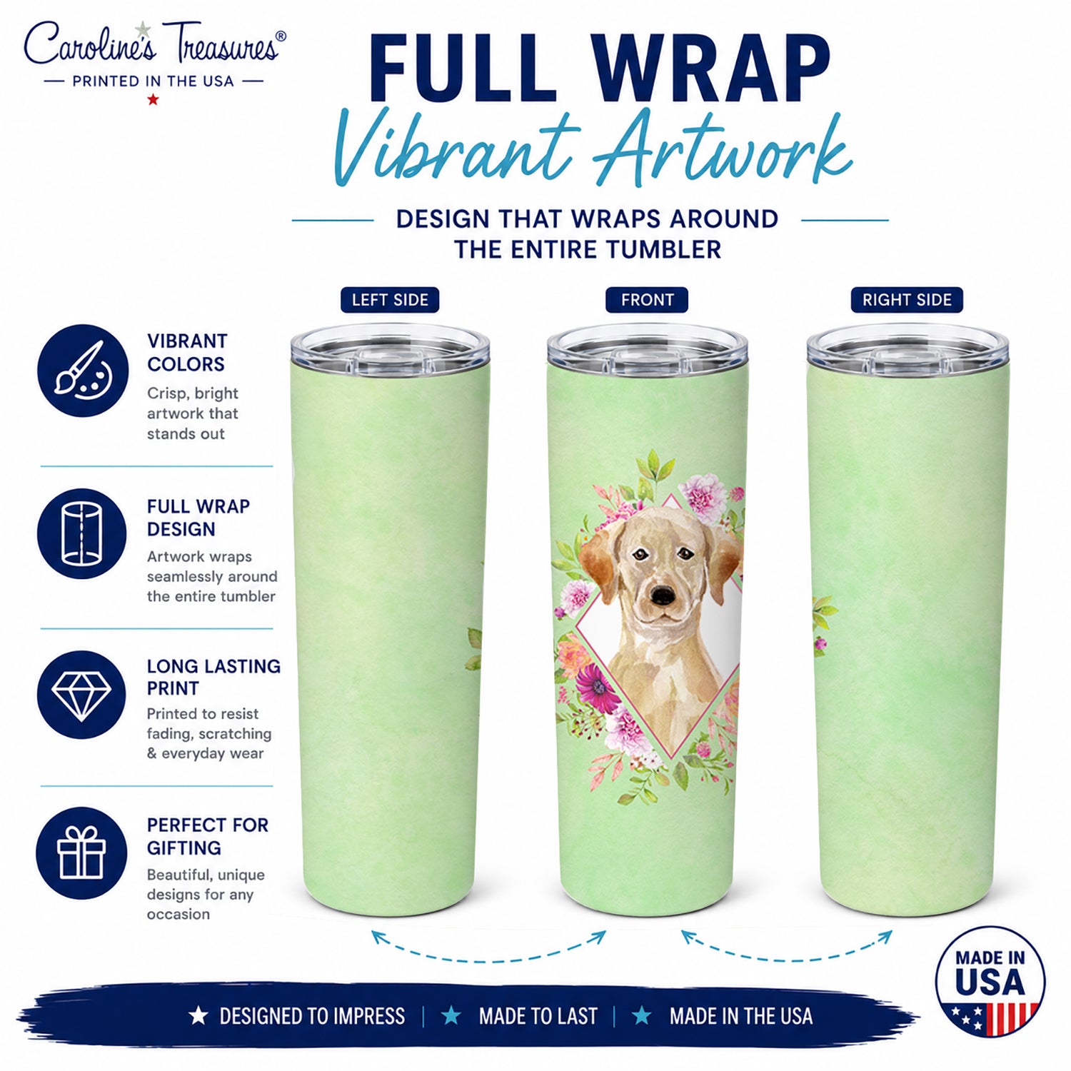 Yellow Lab Green Flowers Stainless Steel Skinny Tumbler 20 oz Vacuum Double Walled Reusable Insulated Travel Cup