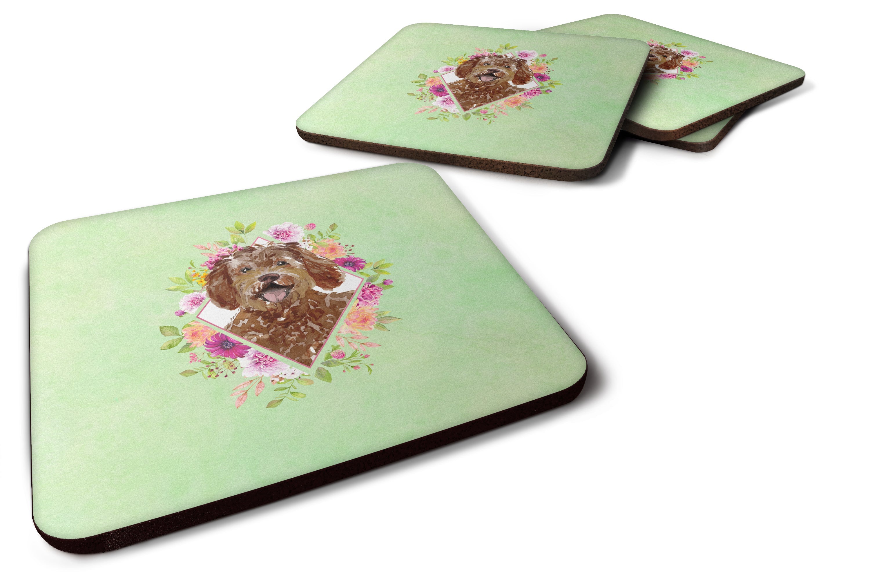 Labradoodle Green Flowers Foam Coasters Set of 4 Cup Coasters for Indoor Outdoor, Tabletop Protection, Anti Slip, Mouse pad Material
