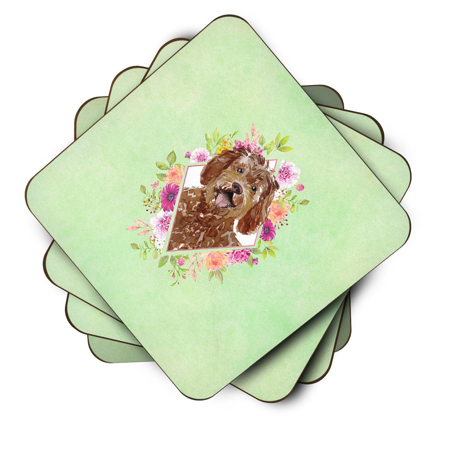 Labradoodle Green Flowers Foam Coasters Set of 4 Cup Coasters for Indoor Outdoor, Tabletop Protection, Anti Slip, Mouse pad Material