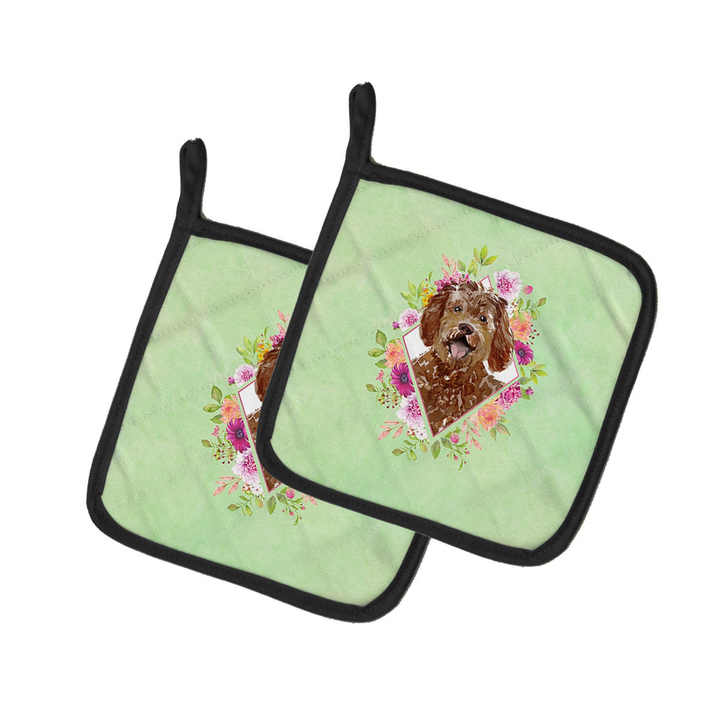 Labradoodle Green Flowers Pot Holder Set of 2 Heat Resistant Quilted Hot Pads 7.5 x 7.5 Inch, Insulated Kitchen Trivets for Cooking & Baking