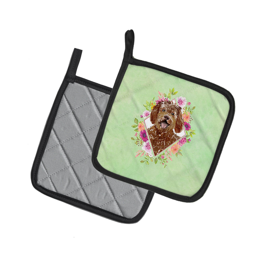 Labradoodle Green Flowers Pot Holder Set of 2 Heat Resistant Quilted Hot Pads 7.5 x 7.5 Inch, Insulated Kitchen Trivets for Cooking & Baking