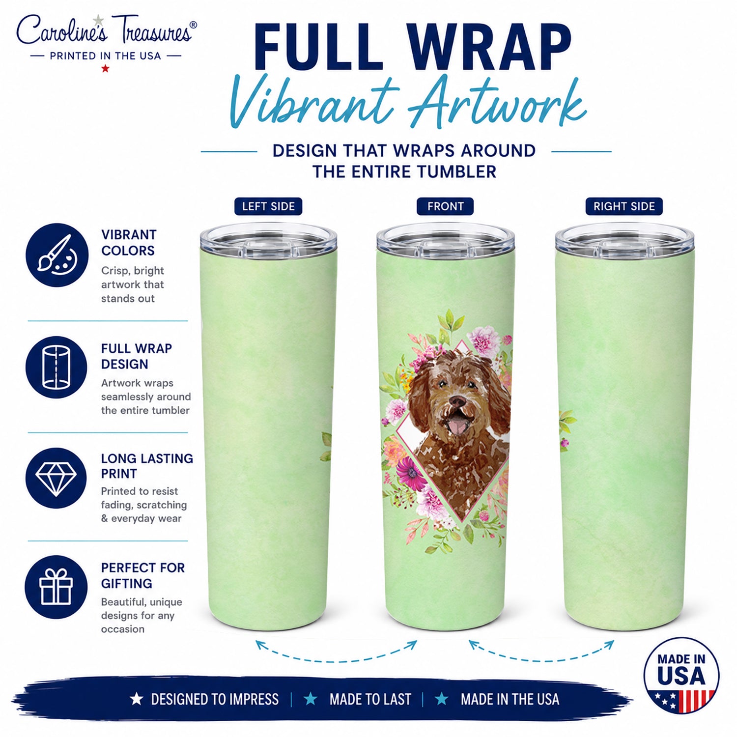 Labradoodle Green Flowers Stainless Steel Skinny Tumbler 20 oz Vacuum Double Walled Reusable Insulated Travel Cup