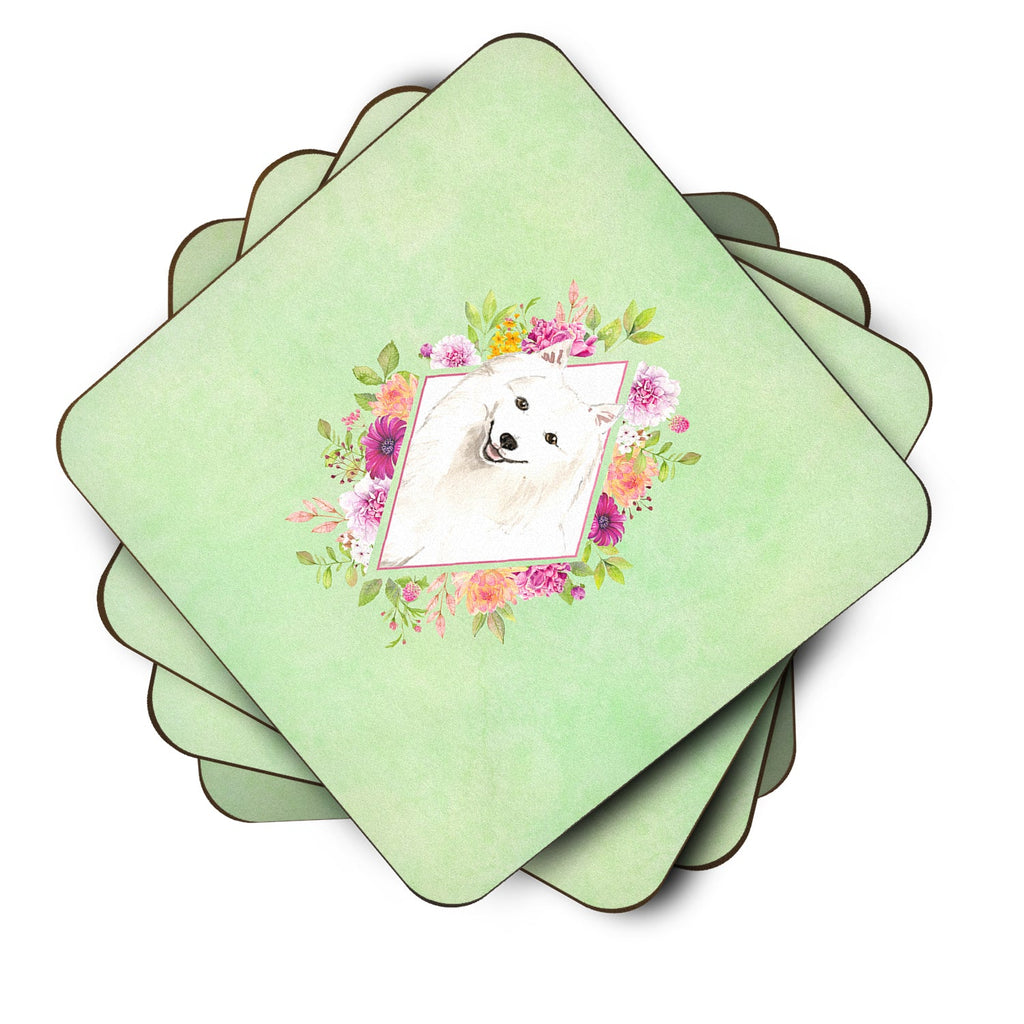 Japanese Spitz Green Flowers Foam Coasters Set of 4 Cup Coasters for Indoor Outdoor, Tabletop Protection, Anti Slip, Mouse pad Material