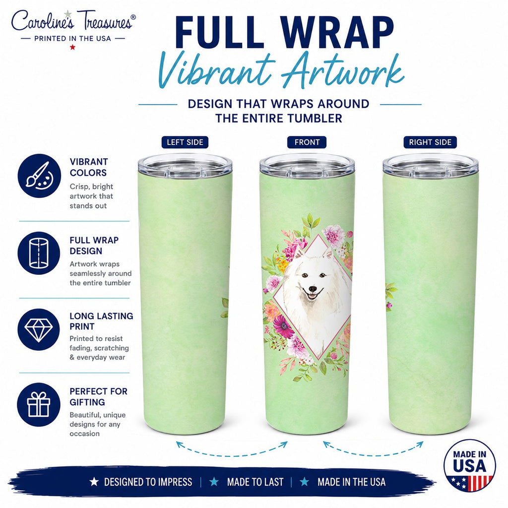 Japanese Spitz Green Flowers Stainless Steel Skinny Tumbler 20 oz Vacuum Double Walled Reusable Insulated Travel Cup