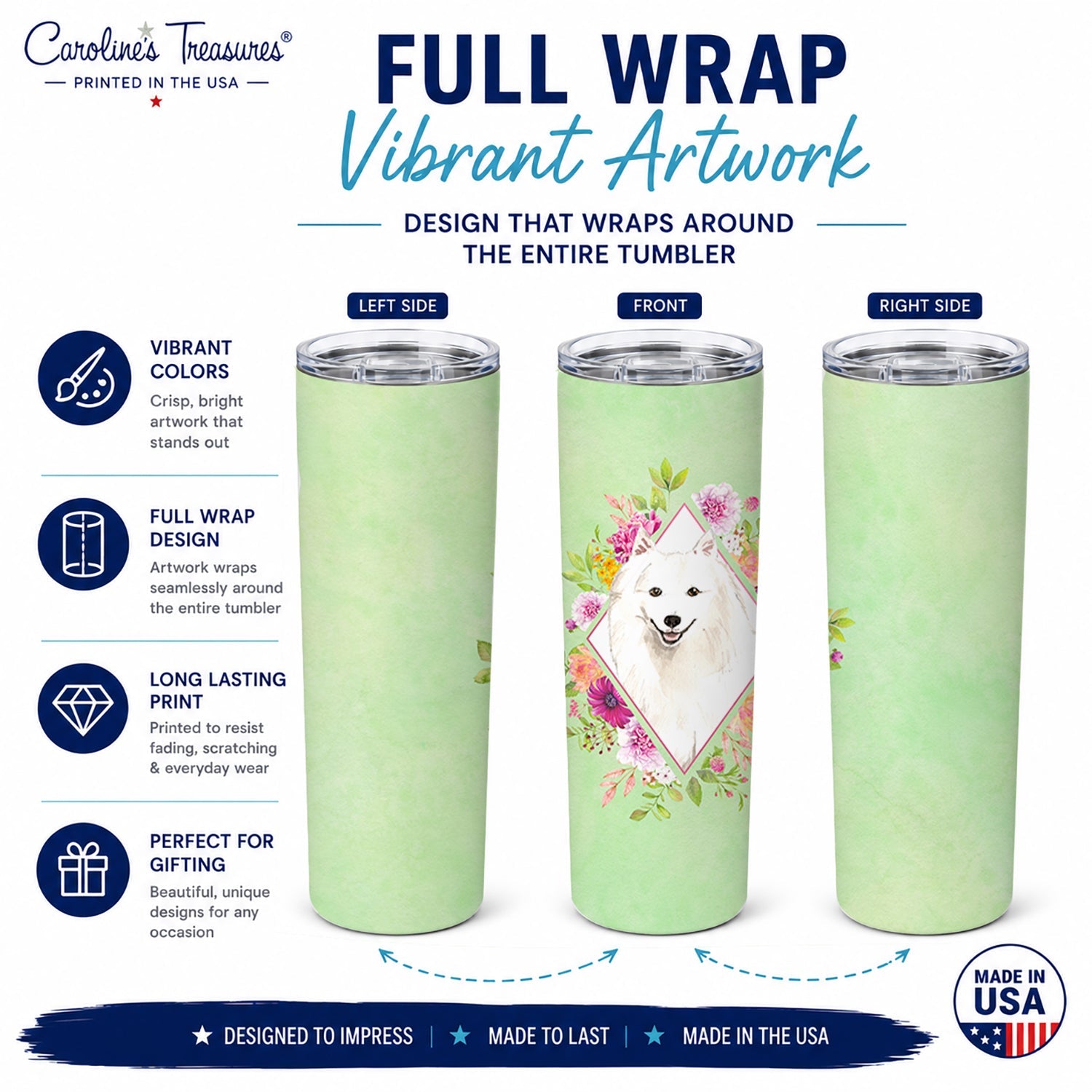 Japanese Spitz Green Flowers Stainless Steel Skinny Tumbler 20 oz Vacuum Double Walled Reusable Insulated Travel Cup
