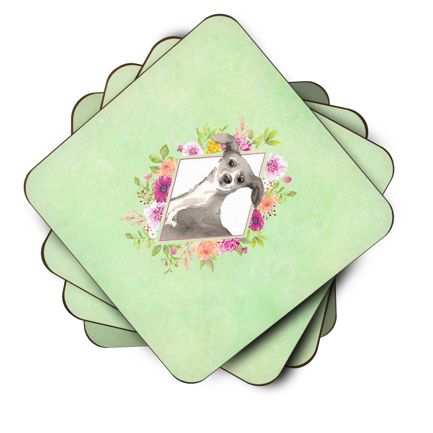 Italian Greyhound Green Flowers Foam Coasters Set of 4 Cup Coasters for Indoor Outdoor, Tabletop Protection, Anti Slip, Mouse pad Material