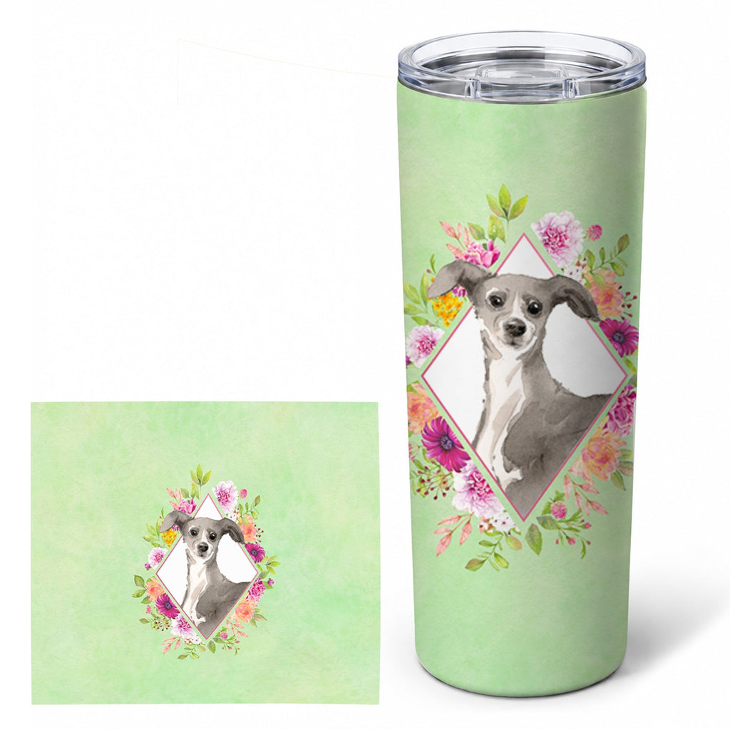 Italian Greyhound Green Flowers Stainless Steel Skinny Tumbler 20 oz Vacuum Double Walled Reusable Insulated Travel Cup