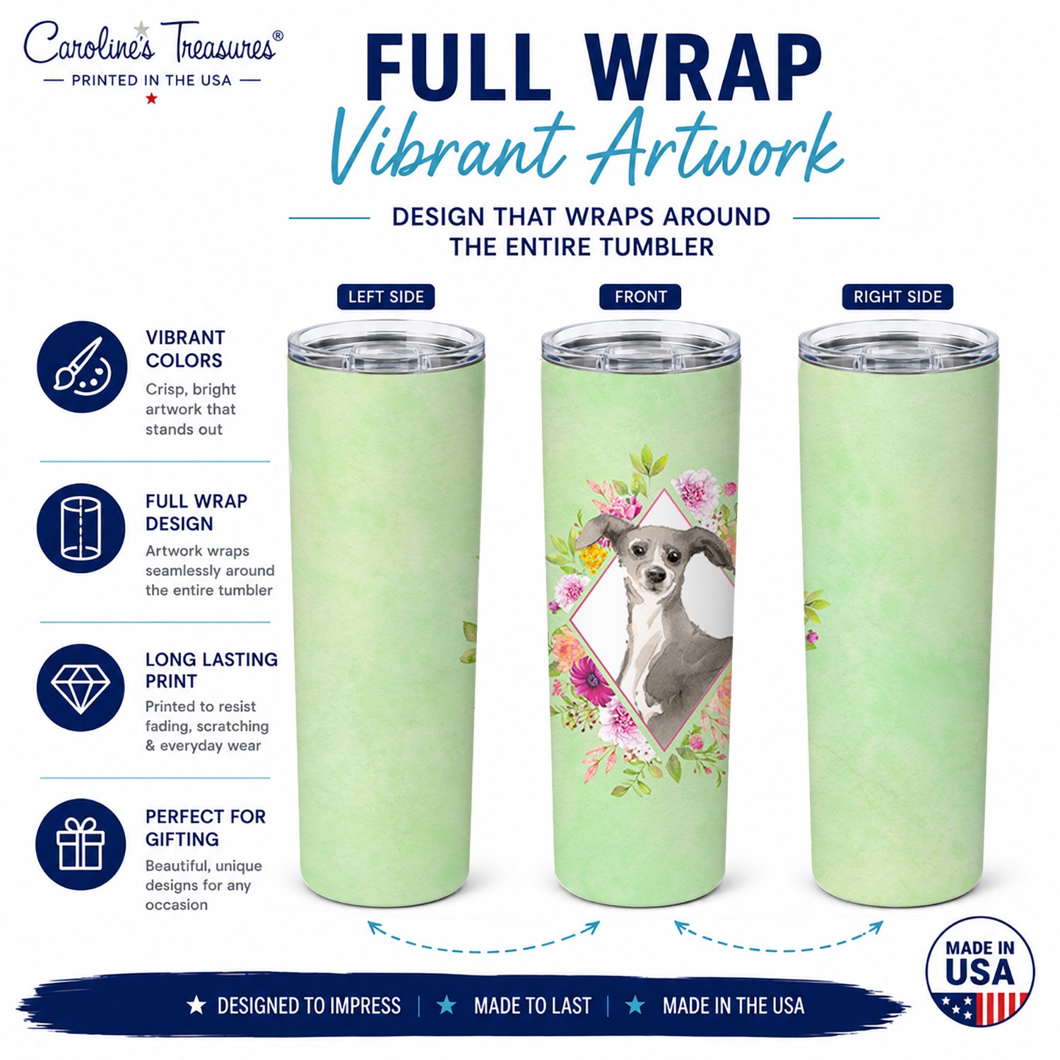 Italian Greyhound Green Flowers Stainless Steel Skinny Tumbler 20 oz Vacuum Double Walled Reusable Insulated Travel Cup