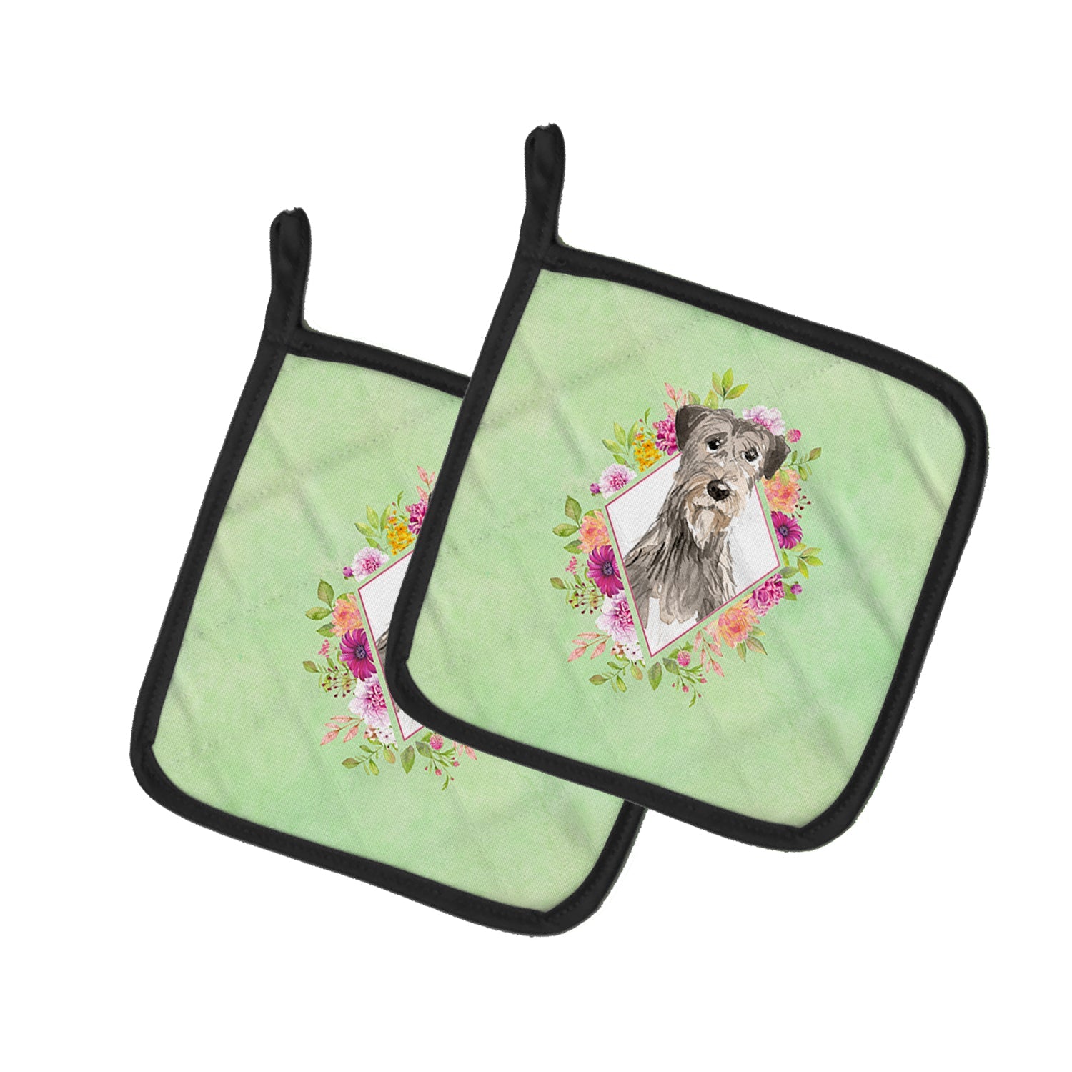 Irish Wolfhound Green Flowers Pot Holder Set of 2 Heat Resistant Quilted Hot Pads 7.5 x 7.5 Inch, Insulated Kitchen Trivets for Cooking & Baking