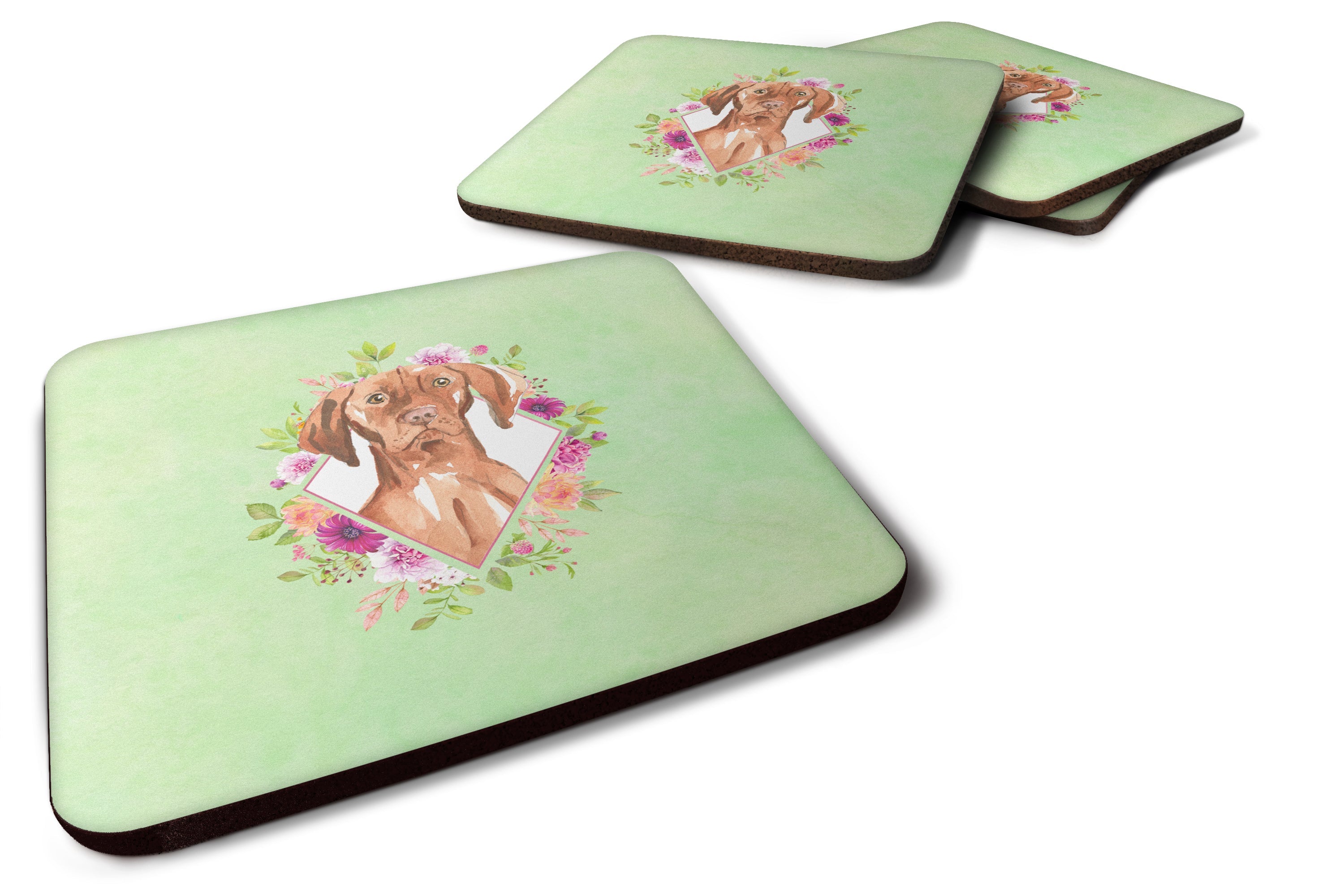 Vizsla Green Flowers Foam Coasters Set of 4 Cup Coasters for Indoor Outdoor, Tabletop Protection, Anti Slip, Mouse pad Material