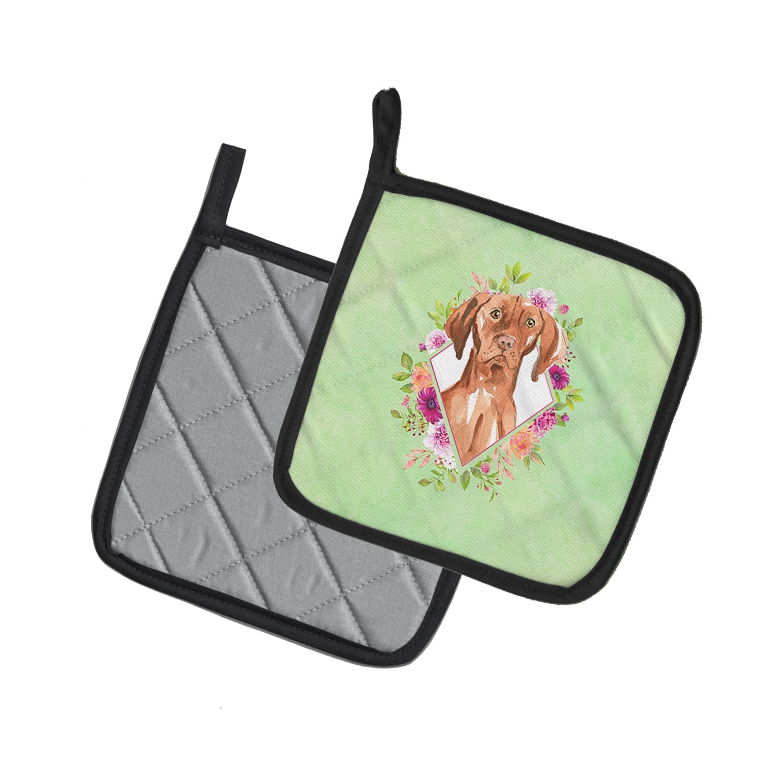 Vizsla Green Flowers Pot Holder Set of 2 Heat Resistant Quilted Hot Pads 7.5 x 7.5 Inch, Insulated Kitchen Trivets for Cooking & Baking