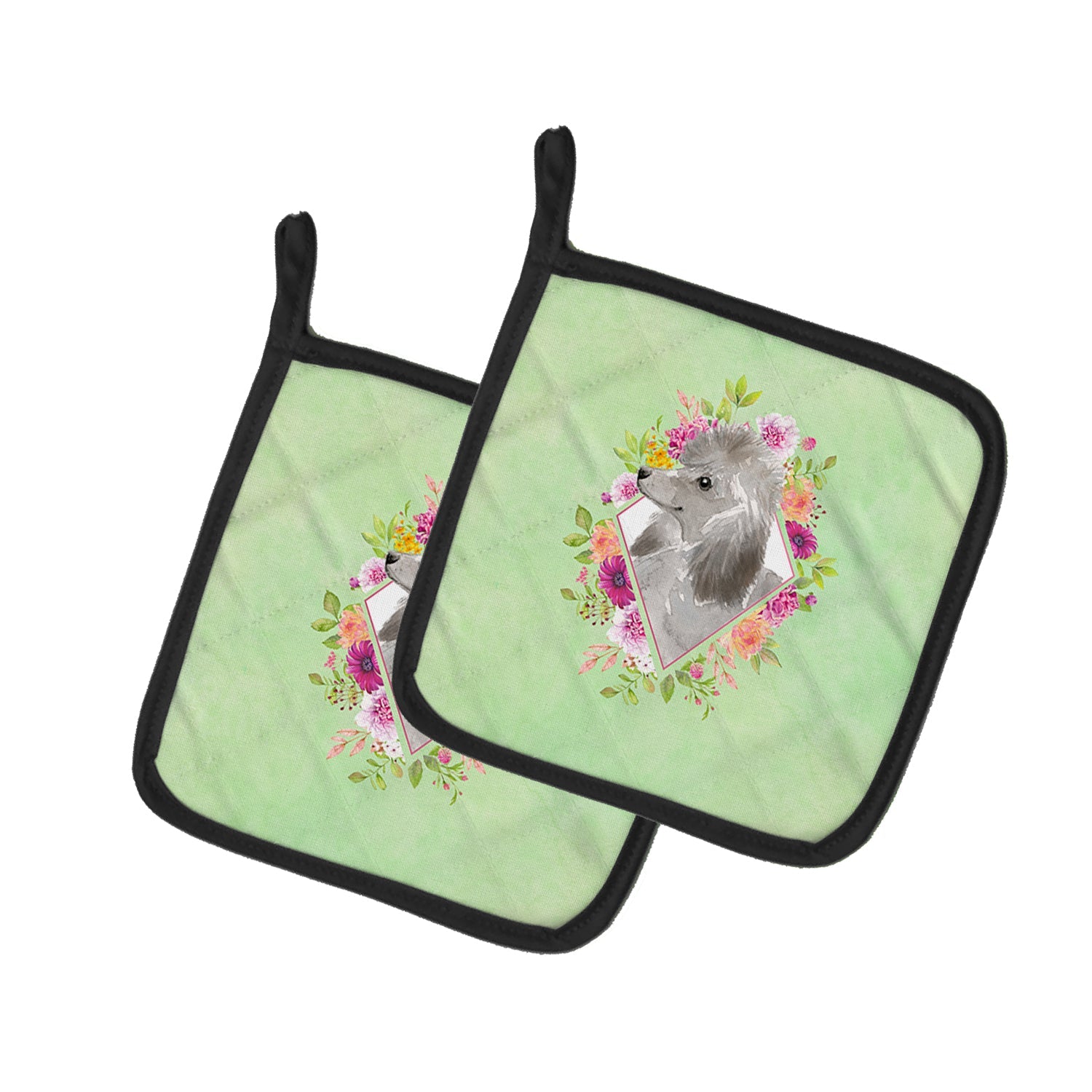 Grey Standard Poodle Green Flowers Pot Holder Set of 2 Heat Resistant Quilted Hot Pads 7.5 x 7.5 Inch, Insulated Kitchen Trivets for Cooking & Baking