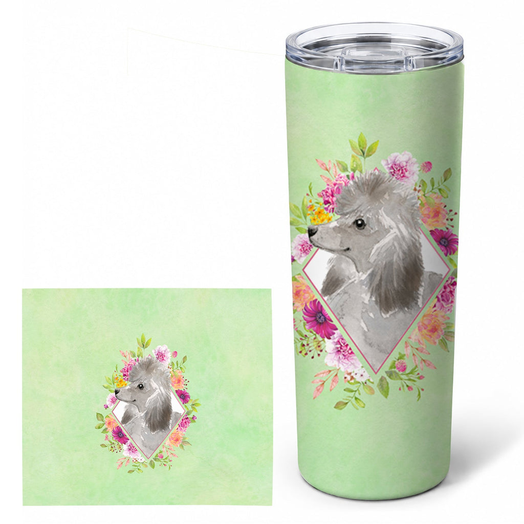 Grey Standard Poodle Green Flowers Stainless Steel Skinny Tumbler 20 oz Vacuum Double Walled Reusable Insulated Travel Cup