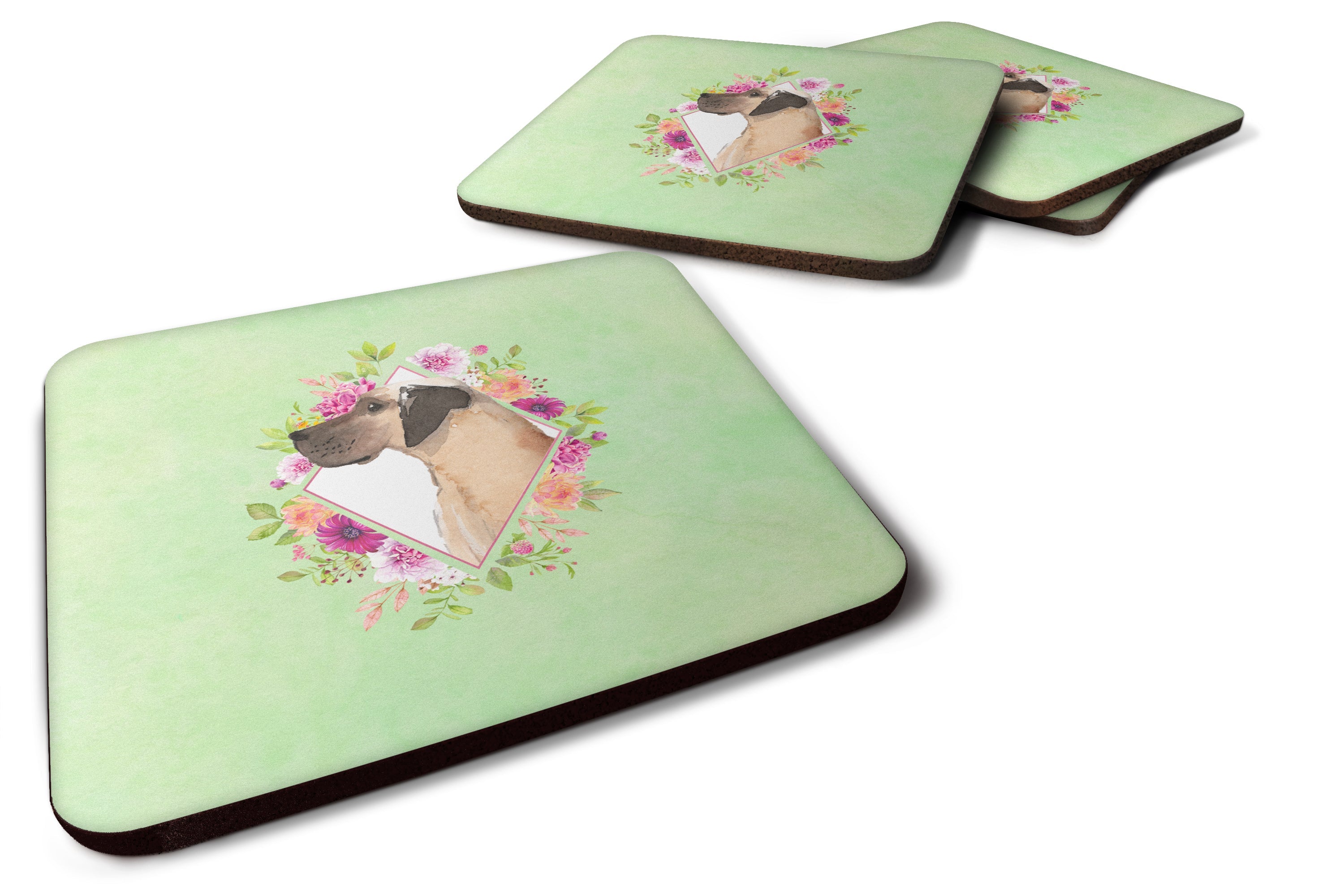 Fawn Great Dane Green Flowers Foam Coasters Set of 4 Cup Coasters for Indoor Outdoor, Tabletop Protection, Anti Slip, Mouse pad Material