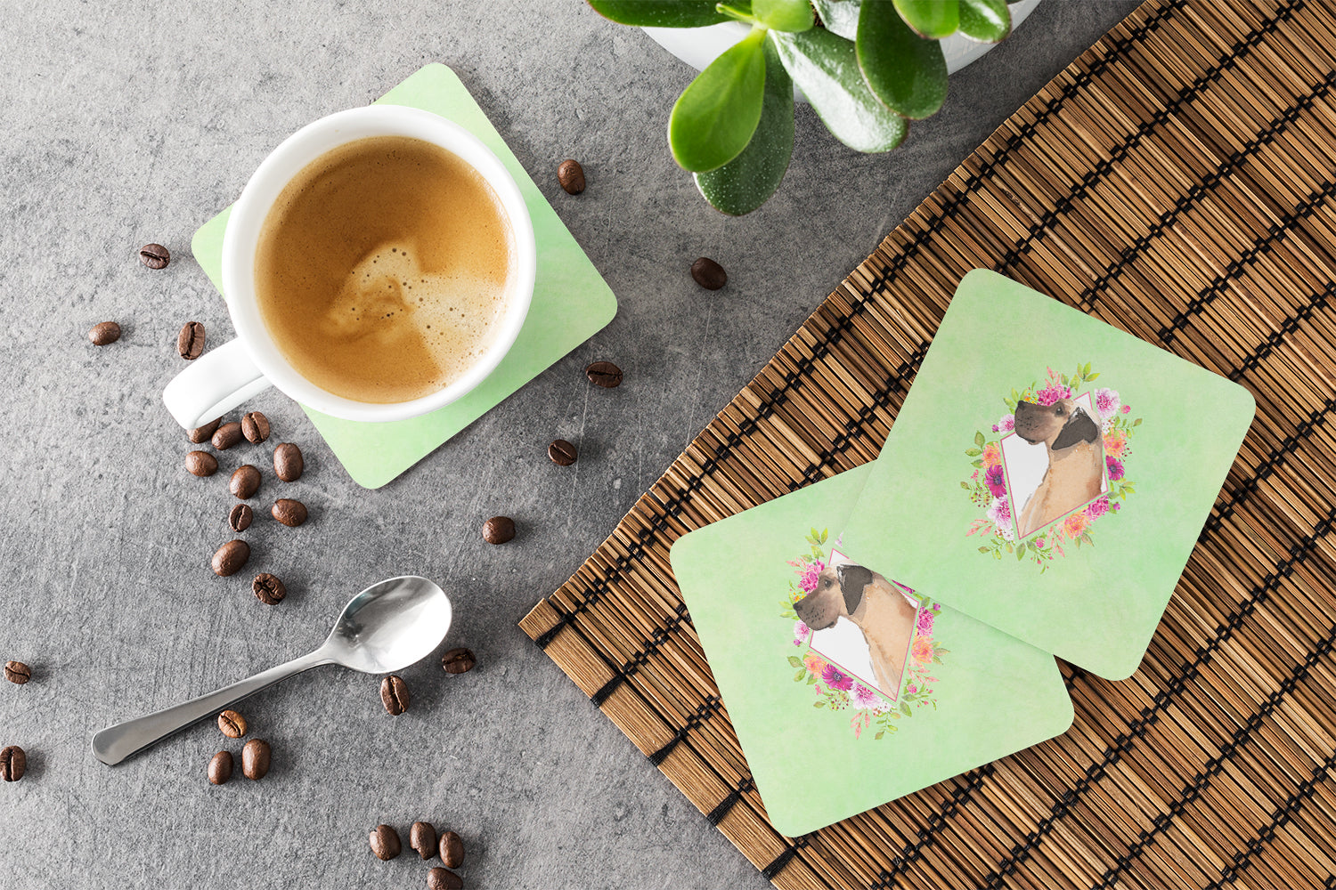Fawn Great Dane Green Flowers Foam Coasters Set of 4 Cup Coasters for Indoor Outdoor, Tabletop Protection, Anti Slip, Mouse pad Material