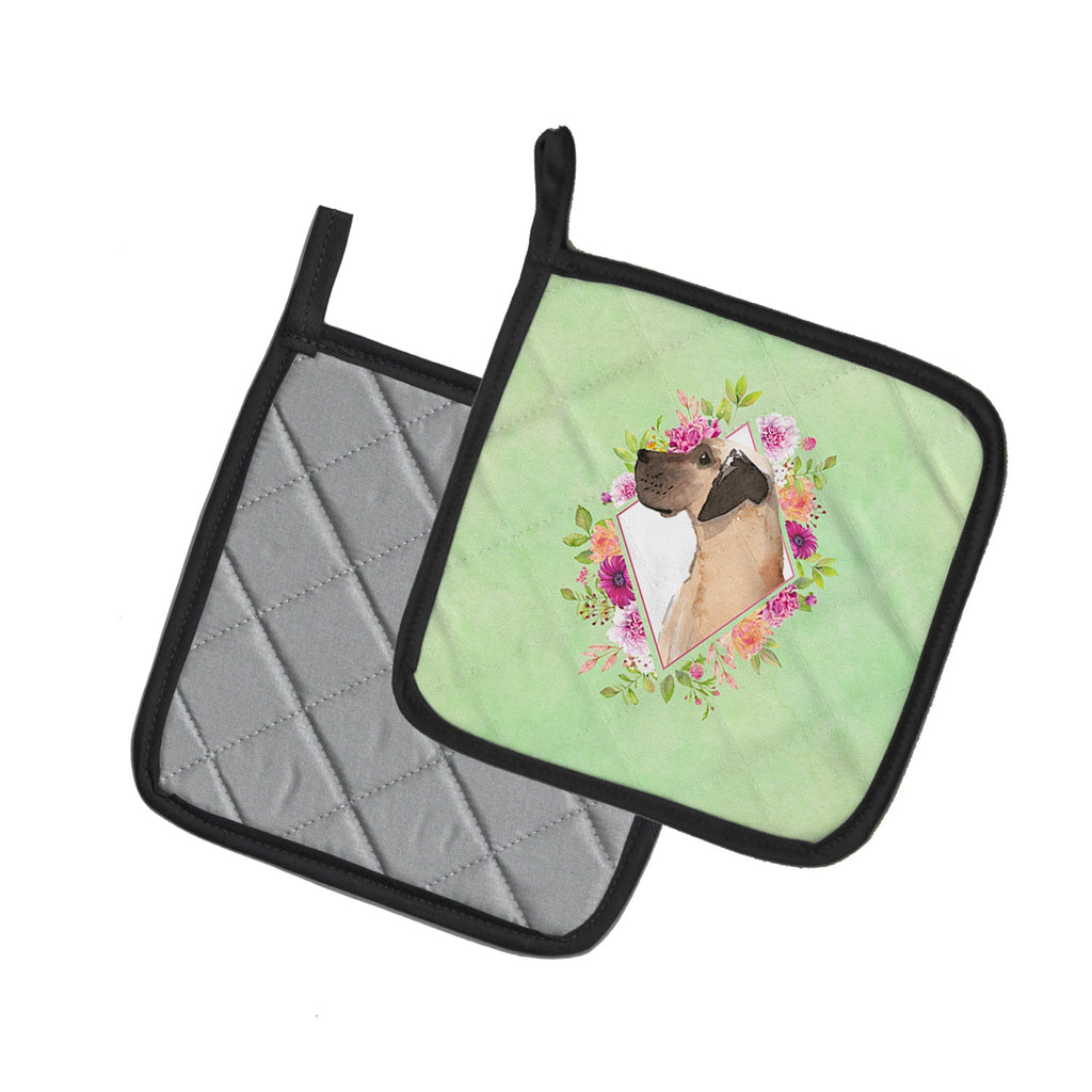 Fawn Great Dane Green Flowers Pot Holder Set of 2 Heat Resistant Quilted Hot Pads 7.5 x 7.5 Inch, Insulated Kitchen Trivets for Cooking & Baking