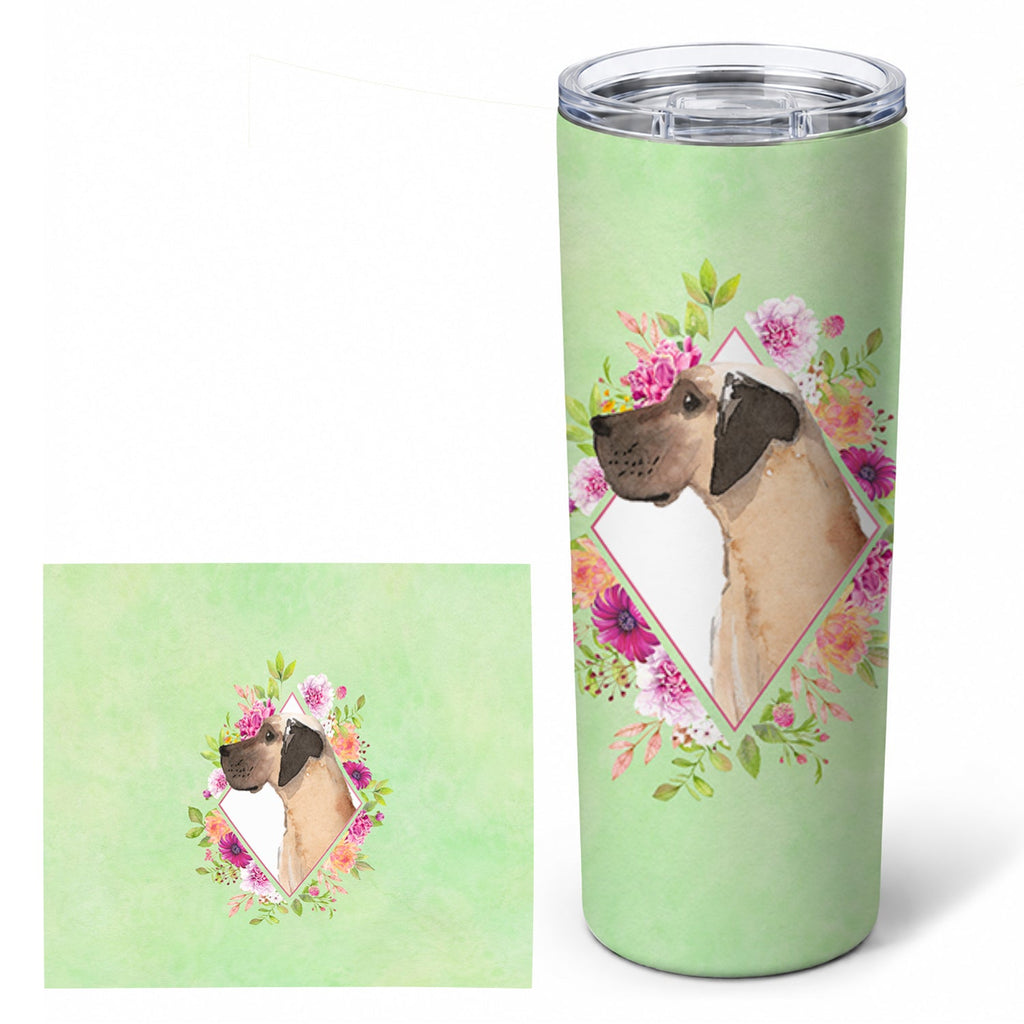 Fawn Great Dane Green Flowers Stainless Steel Skinny Tumbler 20 oz Vacuum Double Walled Reusable Insulated Travel Cup