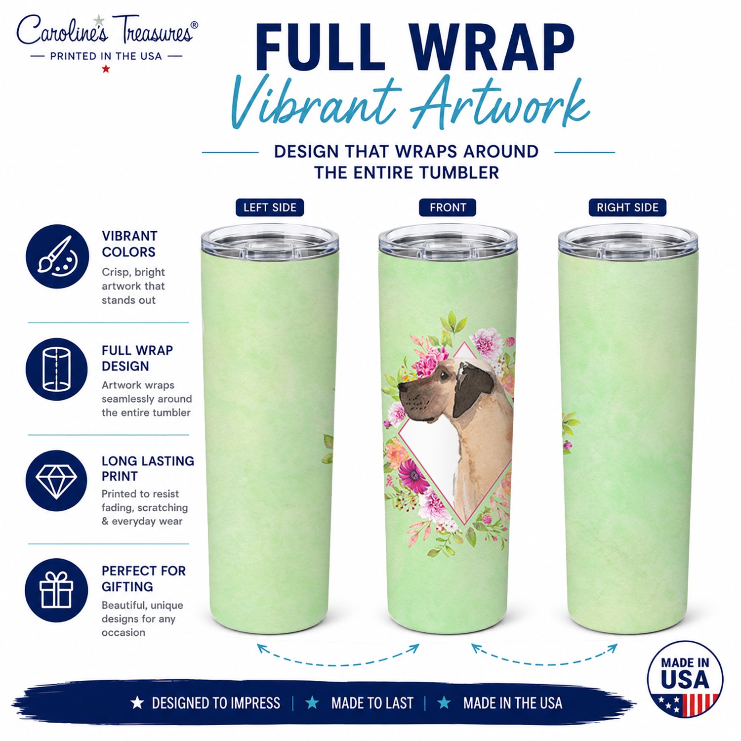 Fawn Great Dane Green Flowers Stainless Steel Skinny Tumbler 20 oz Vacuum Double Walled Reusable Insulated Travel Cup