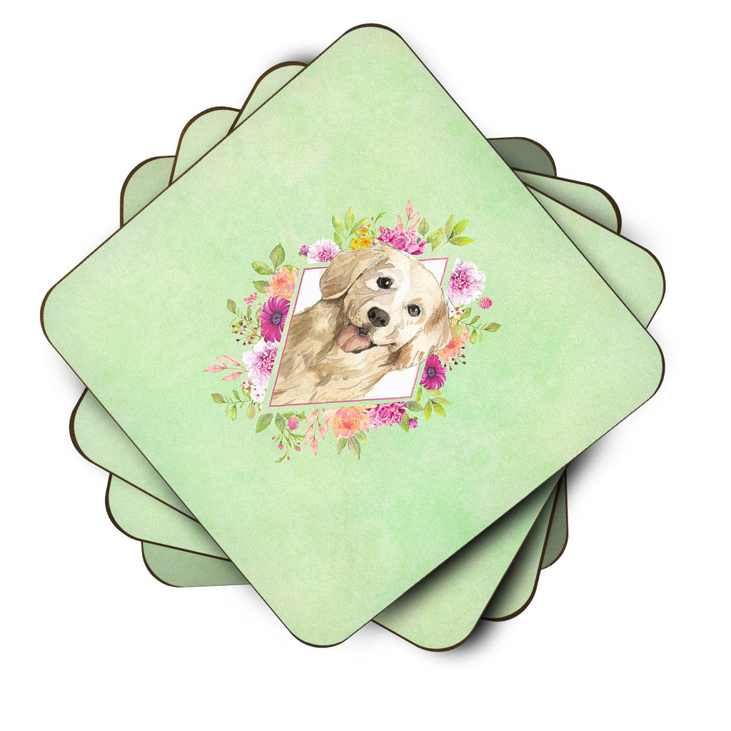 Golden Retriever Green Flowers Foam Coasters Set of 4 Cup Coasters for Indoor Outdoor, Tabletop Protection, Anti Slip, Mouse pad Material