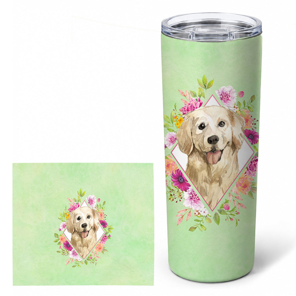 Golden Retriever Green Flowers Stainless Steel Skinny Tumbler 20 oz Vacuum Double Walled Reusable Insulated Travel Cup