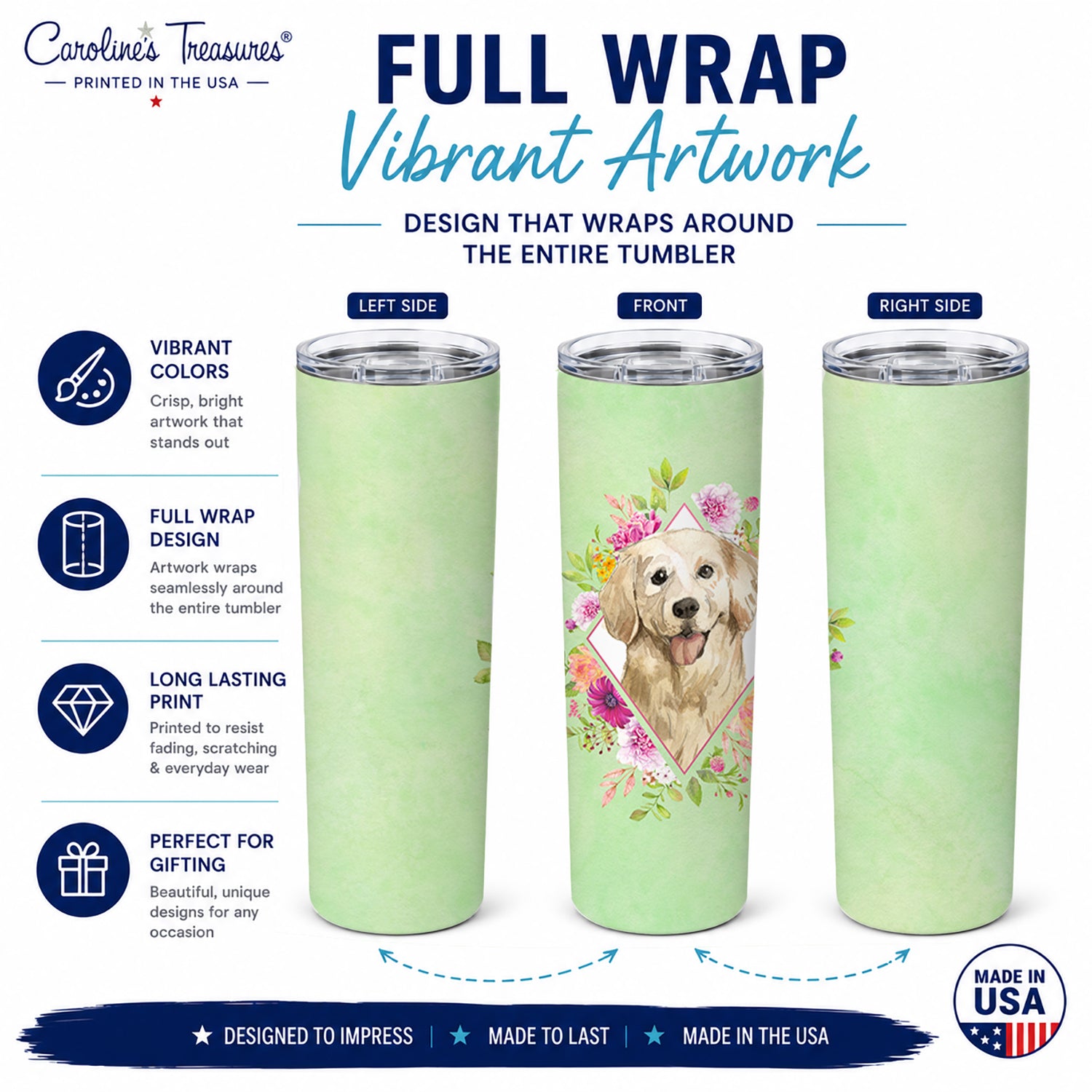 Golden Retriever Green Flowers Stainless Steel Skinny Tumbler 20 oz Vacuum Double Walled Reusable Insulated Travel Cup