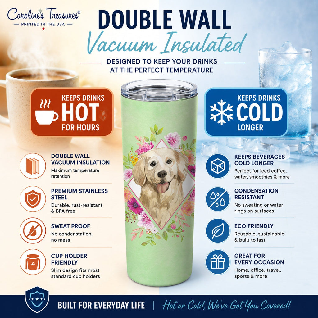 Golden Retriever Green Flowers Stainless Steel Skinny Tumbler 20 oz Vacuum Double Walled Reusable Insulated Travel Cup