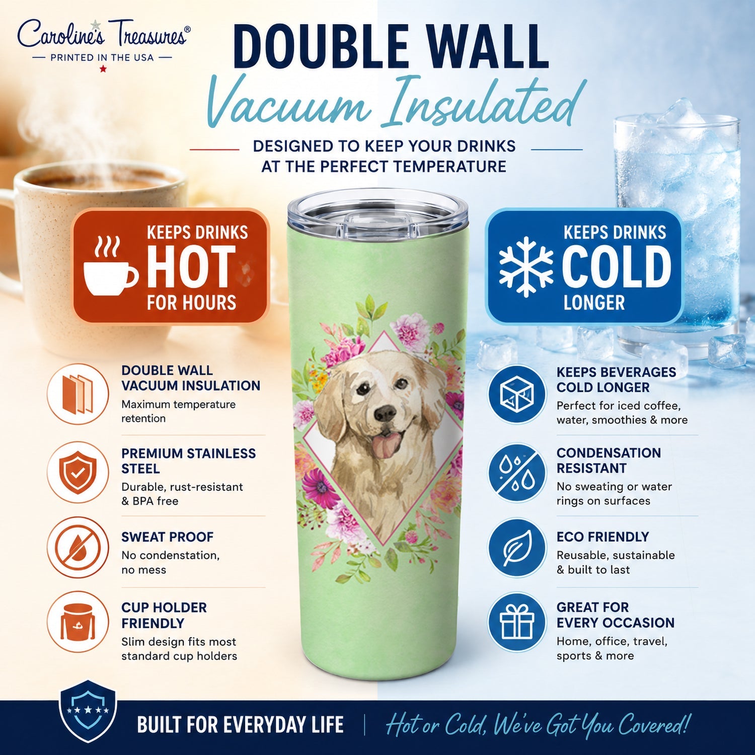 Golden Retriever Green Flowers Stainless Steel Skinny Tumbler 20 oz Vacuum Double Walled Reusable Insulated Travel Cup