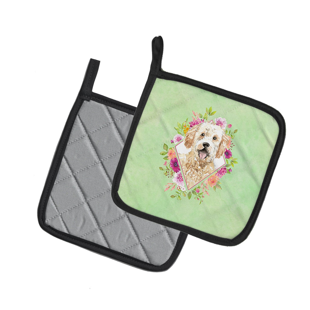 Goldendoodle Green Flowers Pot Holder Set of 2 Heat Resistant Quilted Hot Pads 7.5 x 7.5 Inch, Insulated Kitchen Trivets for Cooking & Baking
