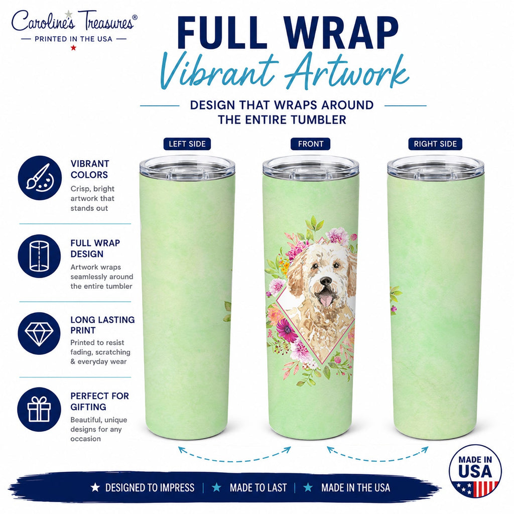 Goldendoodle Green Flowers Stainless Steel Skinny Tumbler 20 oz Vacuum Double Walled Reusable Insulated Travel Cup