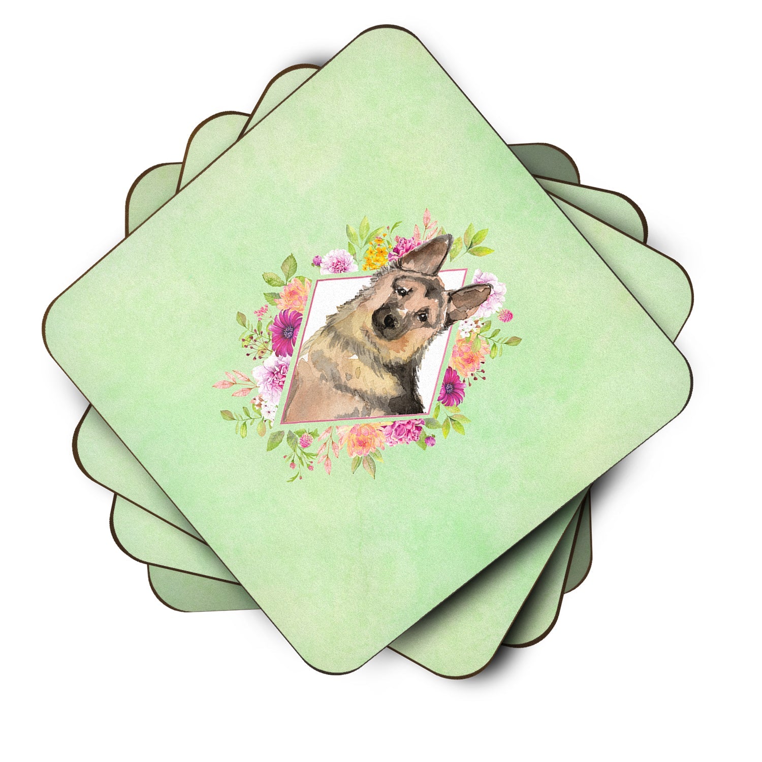 German Shepherd Green Flowers Foam Coasters Set of 4 Cup Coasters for Indoor Outdoor, Tabletop Protection, Anti Slip, Mouse pad Material