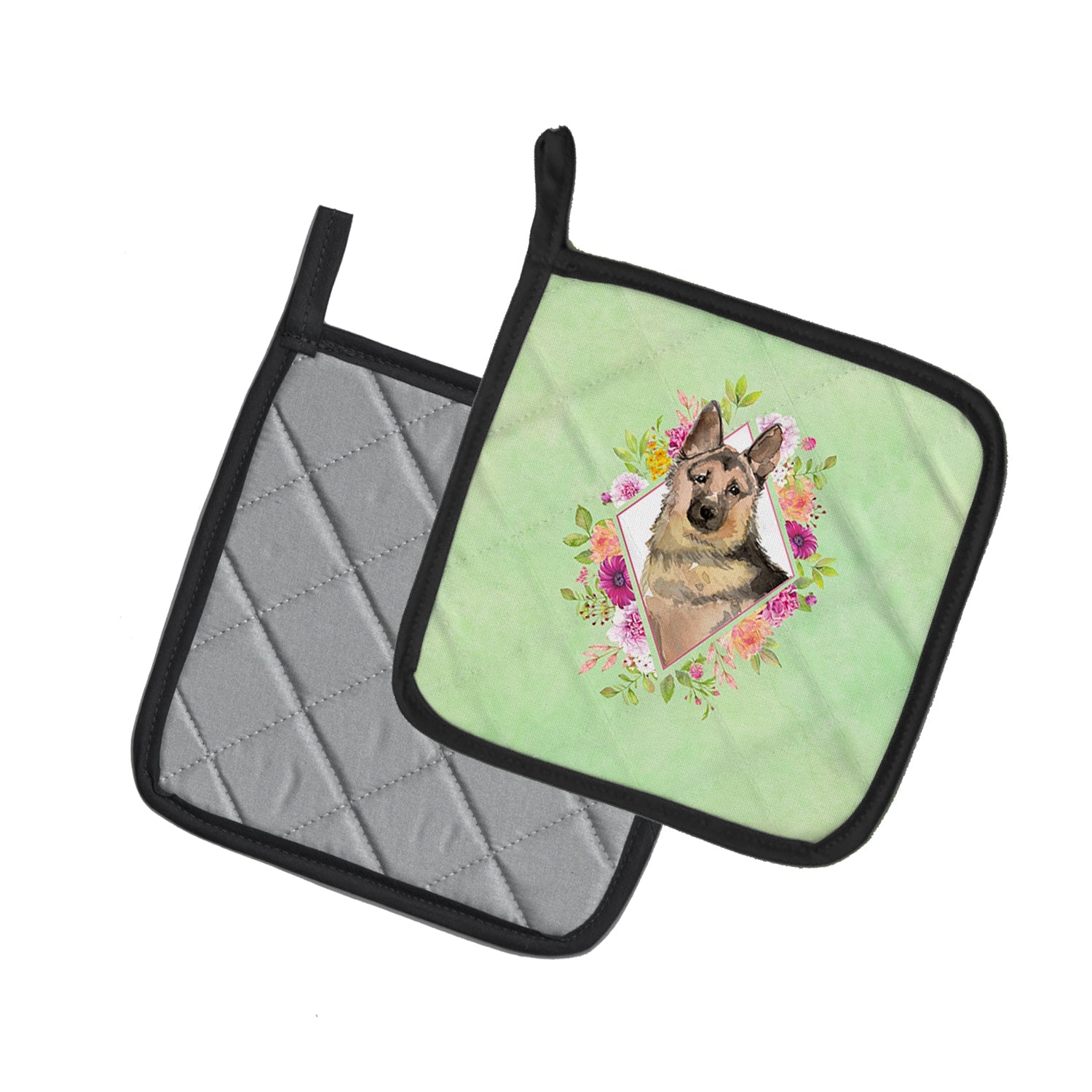 German Shepherd Green Flowers Pot Holder Set of 2 Heat Resistant Quilted Hot Pads 7.5 x 7.5 Inch, Insulated Kitchen Trivets for Cooking & Baking
